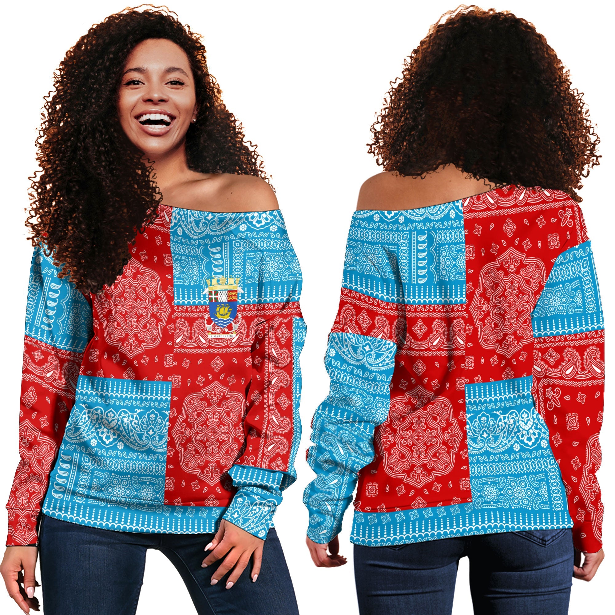 Saint Pierre And Miquelon Women Off Shoulder Sweatshirt Flag And Paisley Basic Style 1