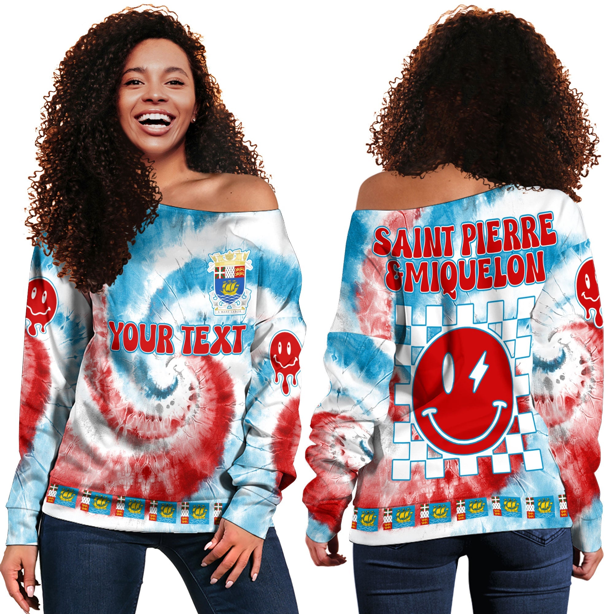 Saint Pierre And Miquelon Women Off Shoulder Sweatshirt Custom Tie Dye Style 2