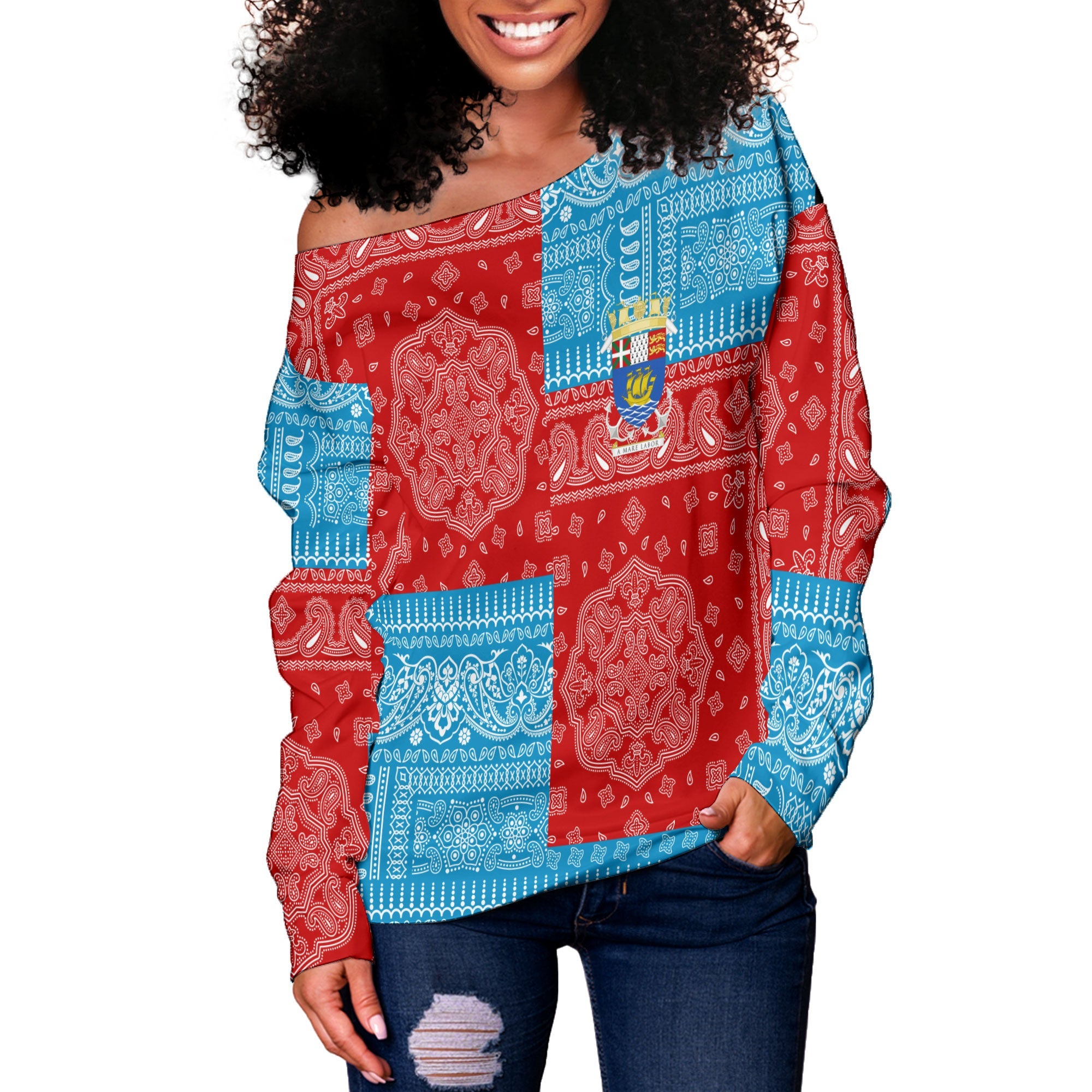 Saint Pierre And Miquelon Women Off Shoulder Sweatshirt Flag And Paisley Basic Style 2