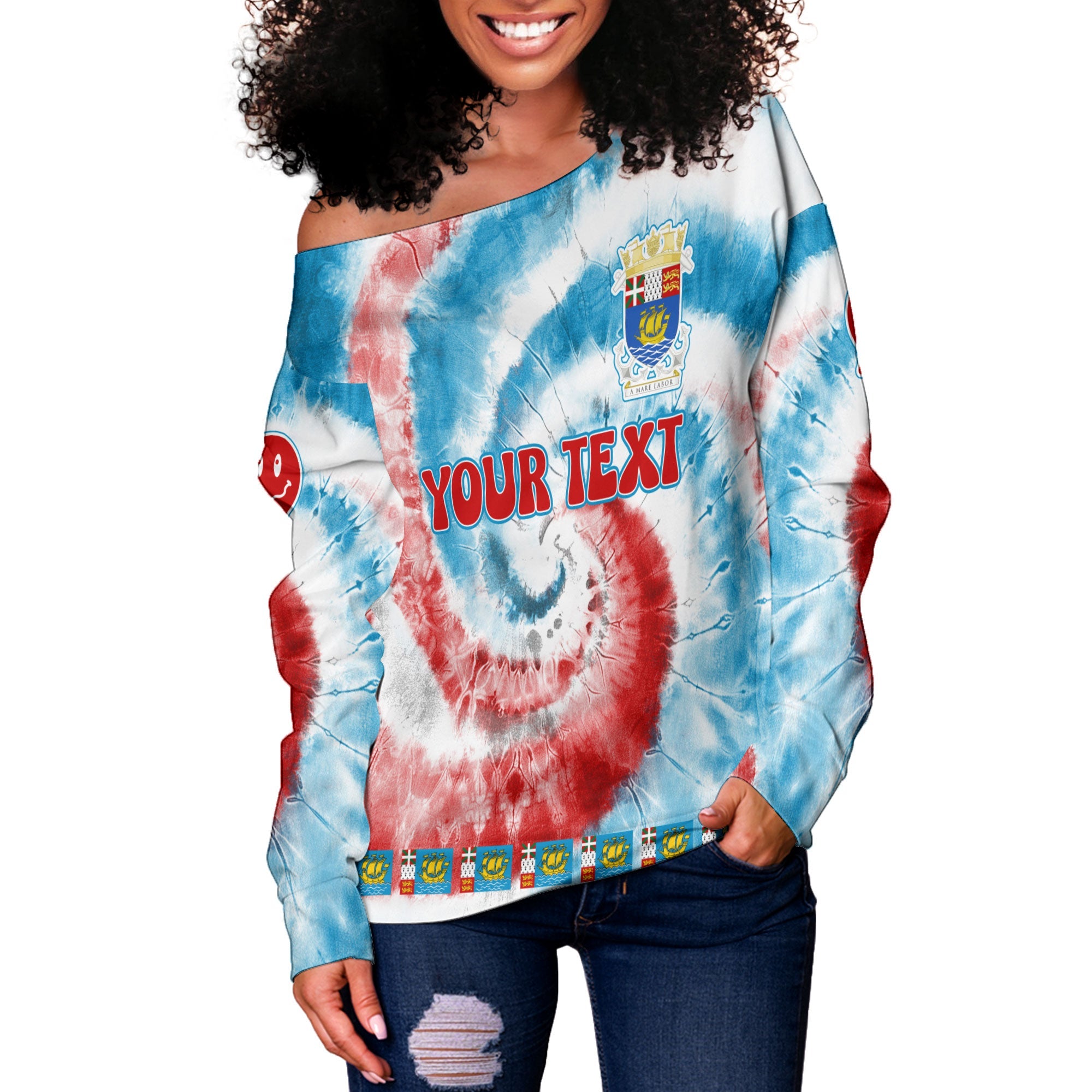 Saint Pierre And Miquelon Women Off Shoulder Sweatshirt Custom Tie Dye Style 3