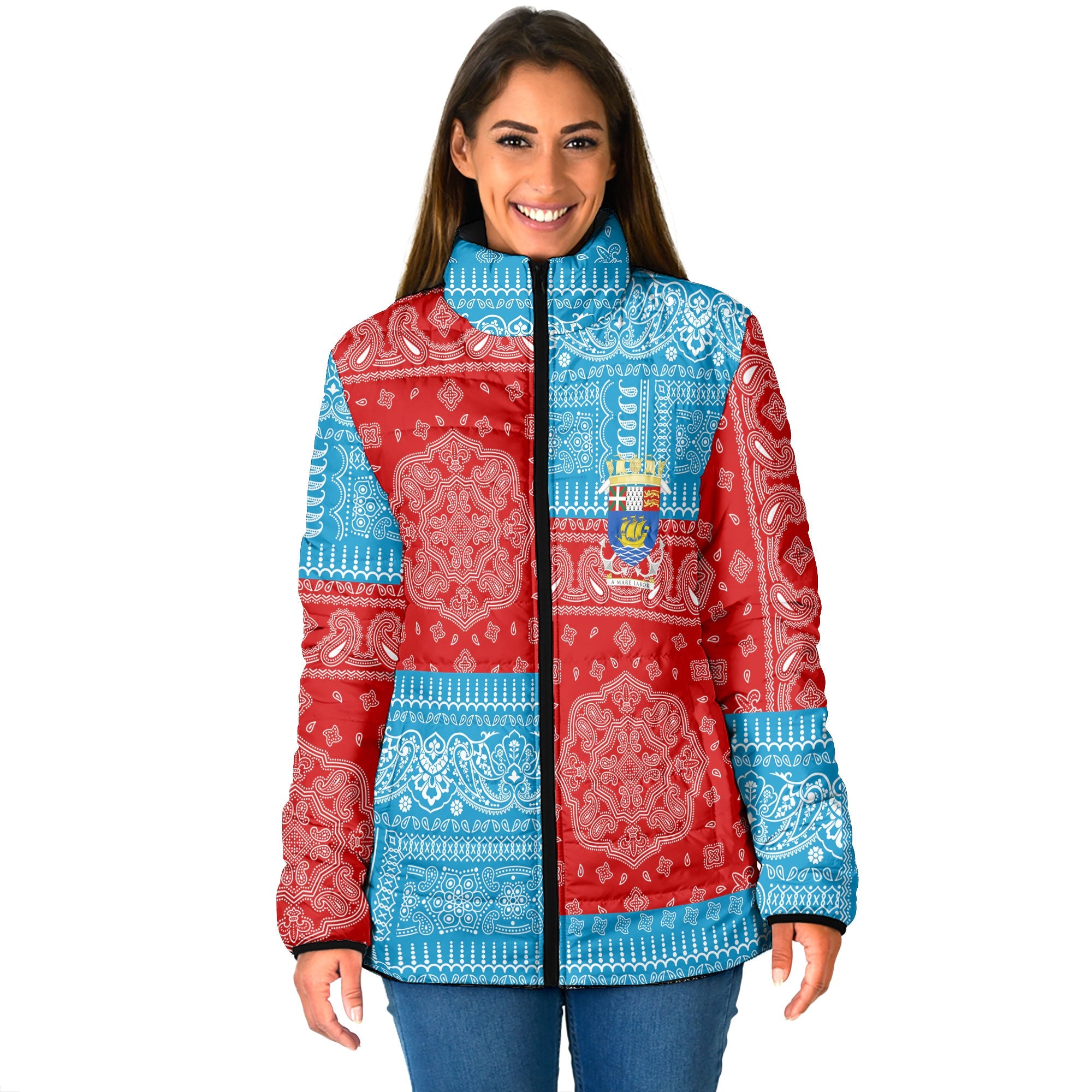 Saint Pierre And Miquelon Women Padded Jacket Flag And Paisley Basic Style 1