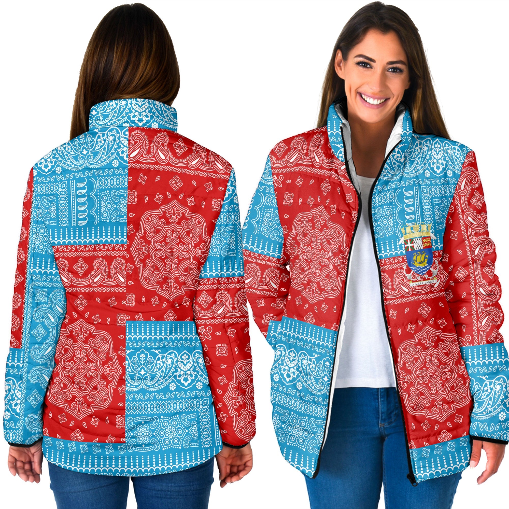 Saint Pierre And Miquelon Women Padded Jacket Flag And Paisley Basic Style 3