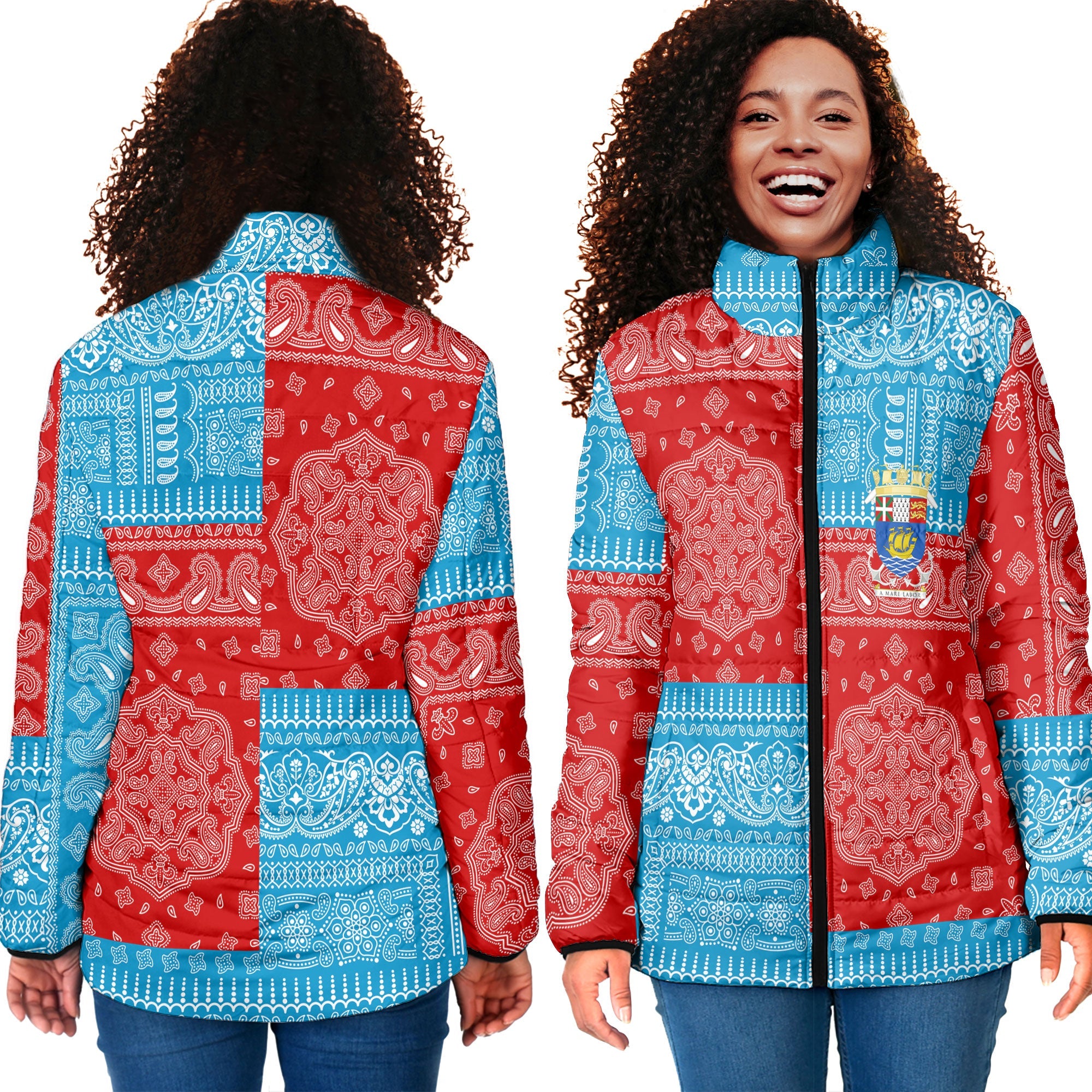 Saint Pierre And Miquelon Women Padded Jacket Flag And Paisley Basic Style 4