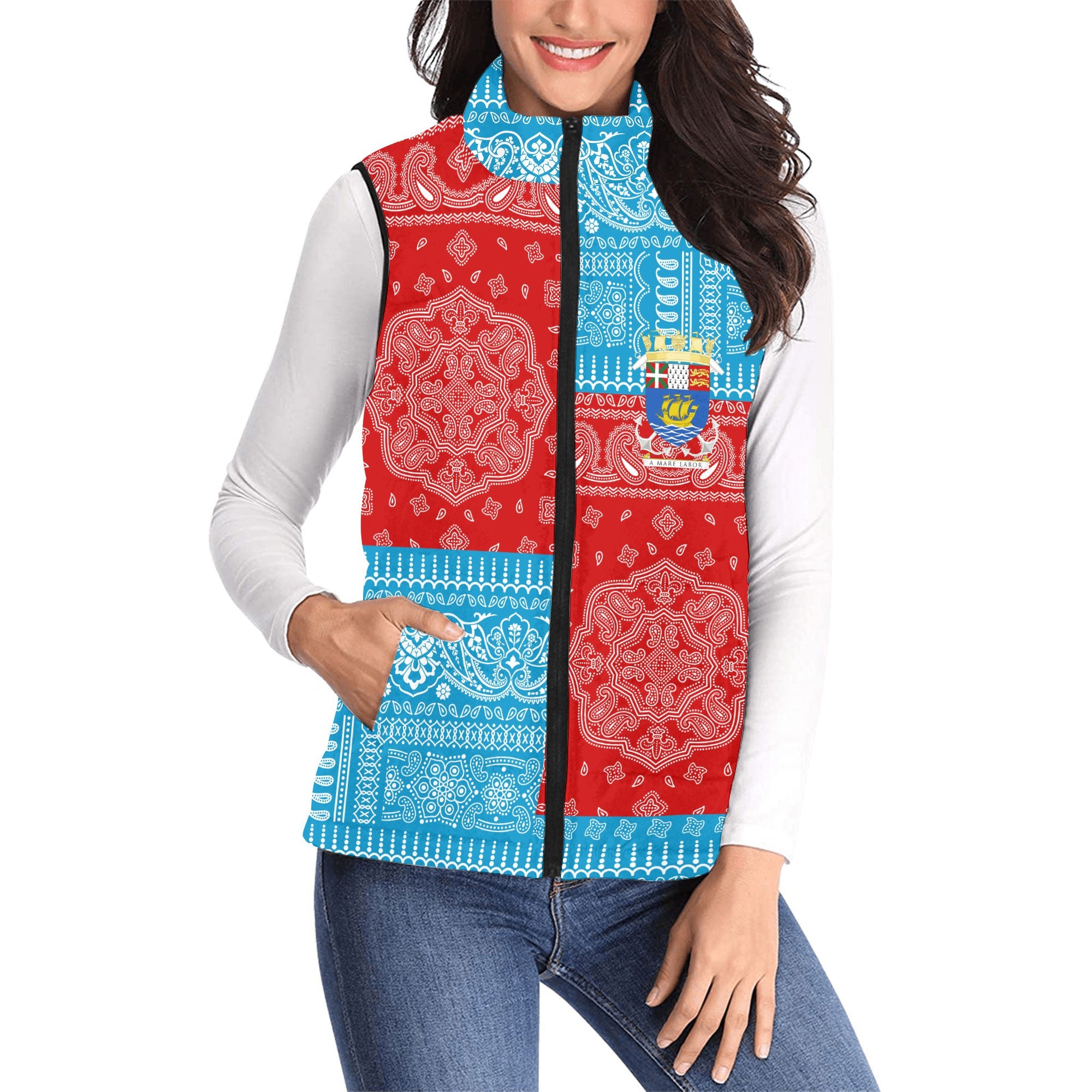 Saint Pierre And Miquelon Women Padded Jacket Vest Flag And Paisley Basic Style 1