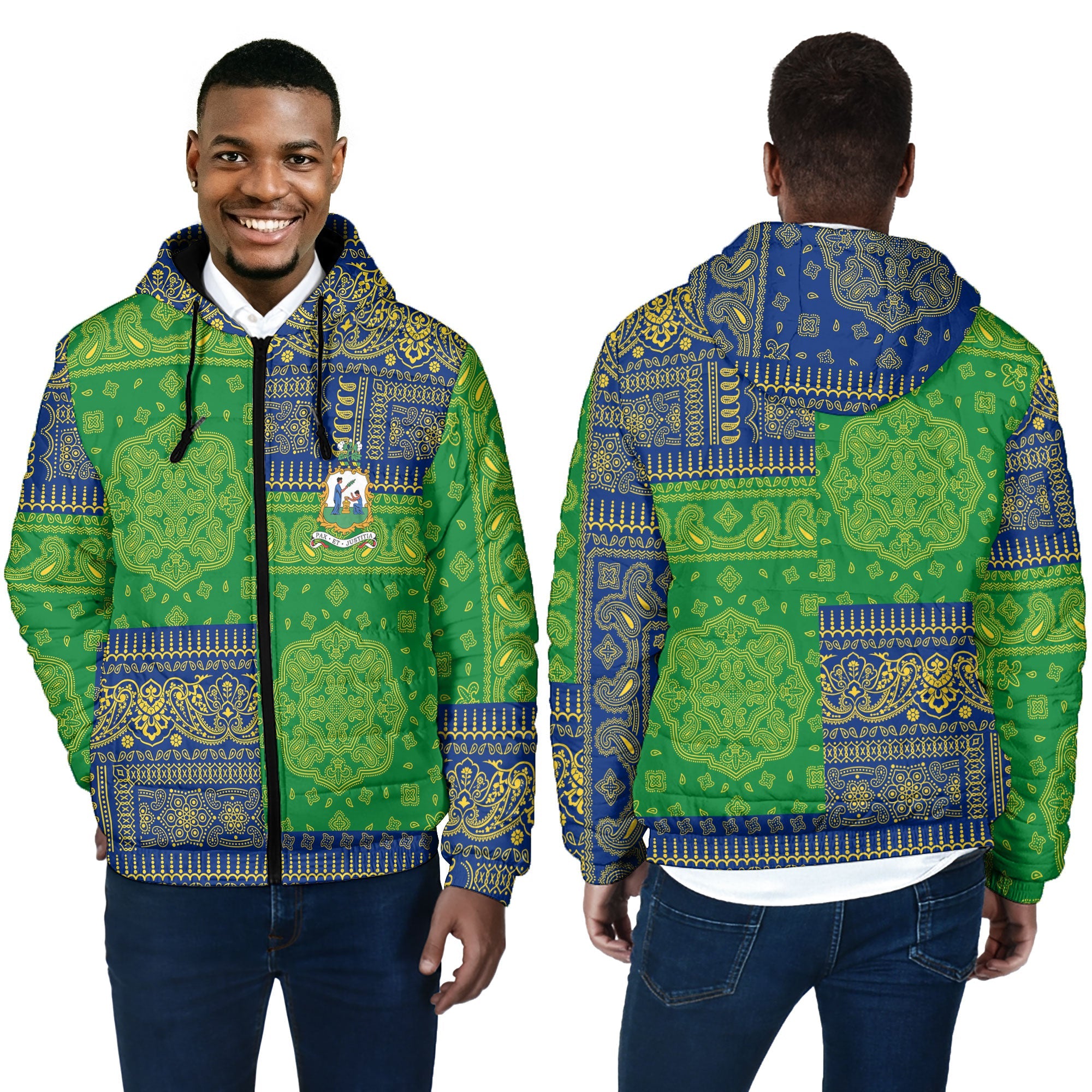 Saint Vincent And The Grenadines Men Hooded Padded Jacket Flag And Paisley Basic Style 4