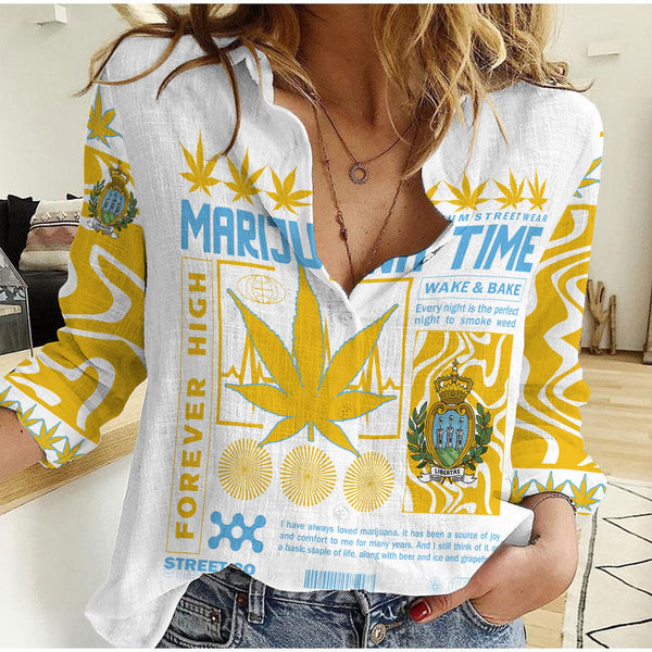 San Marino Women Casual Shirt Flag & Coat Of Arms Marijuanas Style