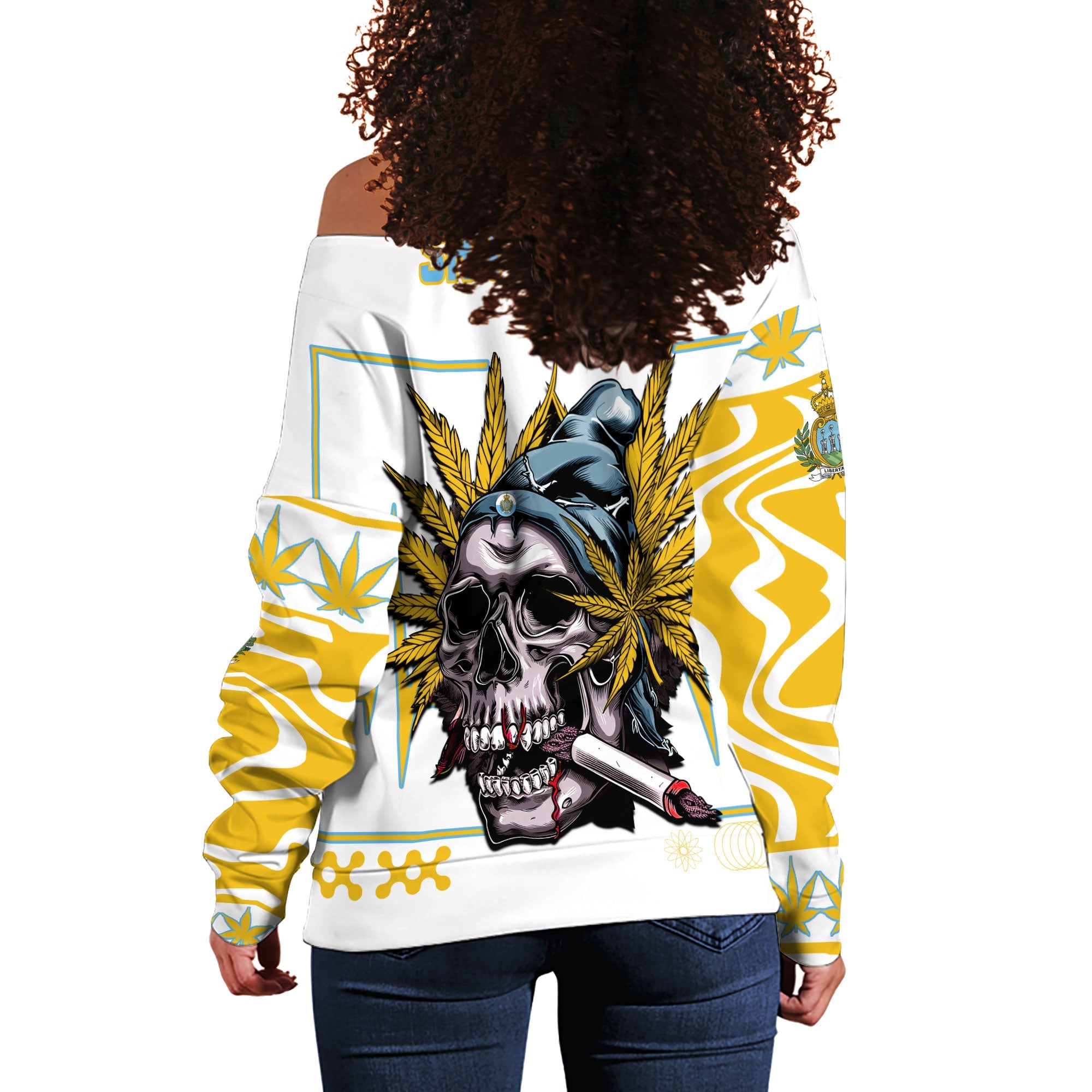 San Marino Women Off Shoulder Sweatshirt Flag & Coat Of Arms Marijuanas Style