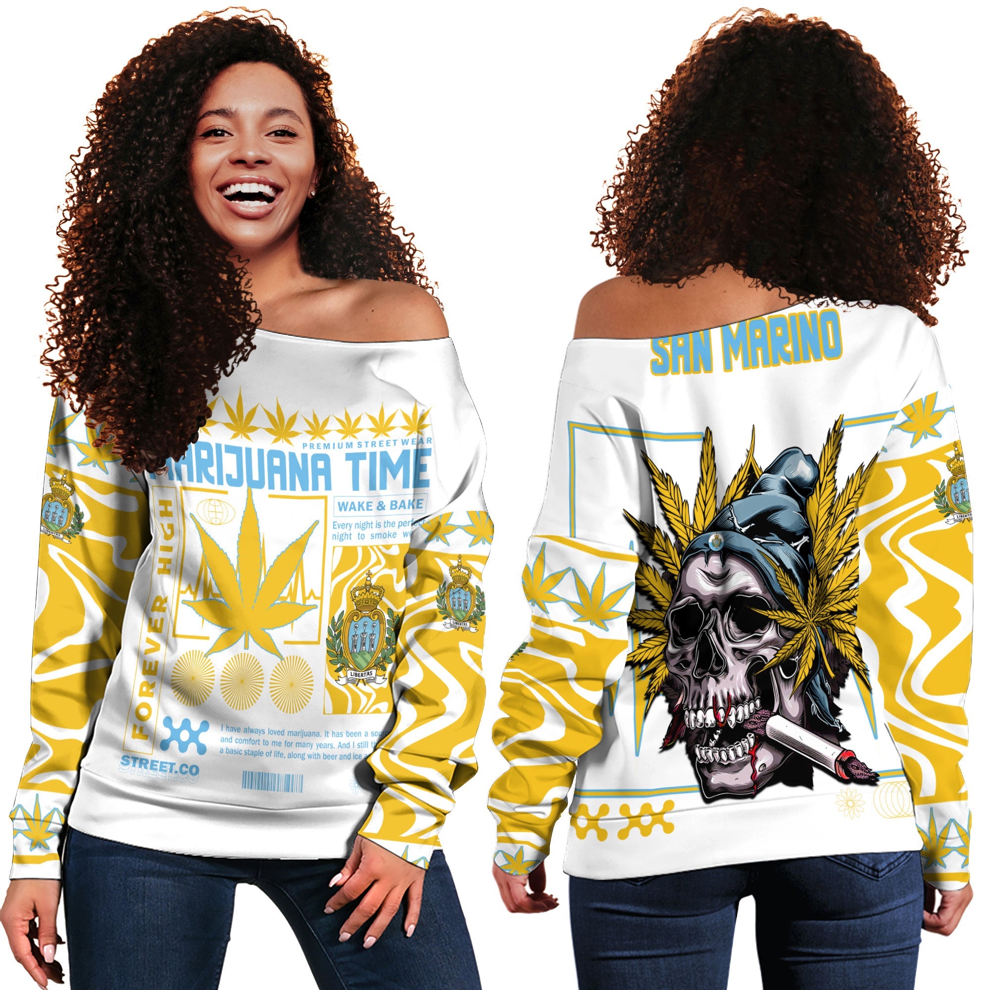 San Marino Women Off Shoulder Sweatshirt Flag & Coat Of Arms Marijuanas Style