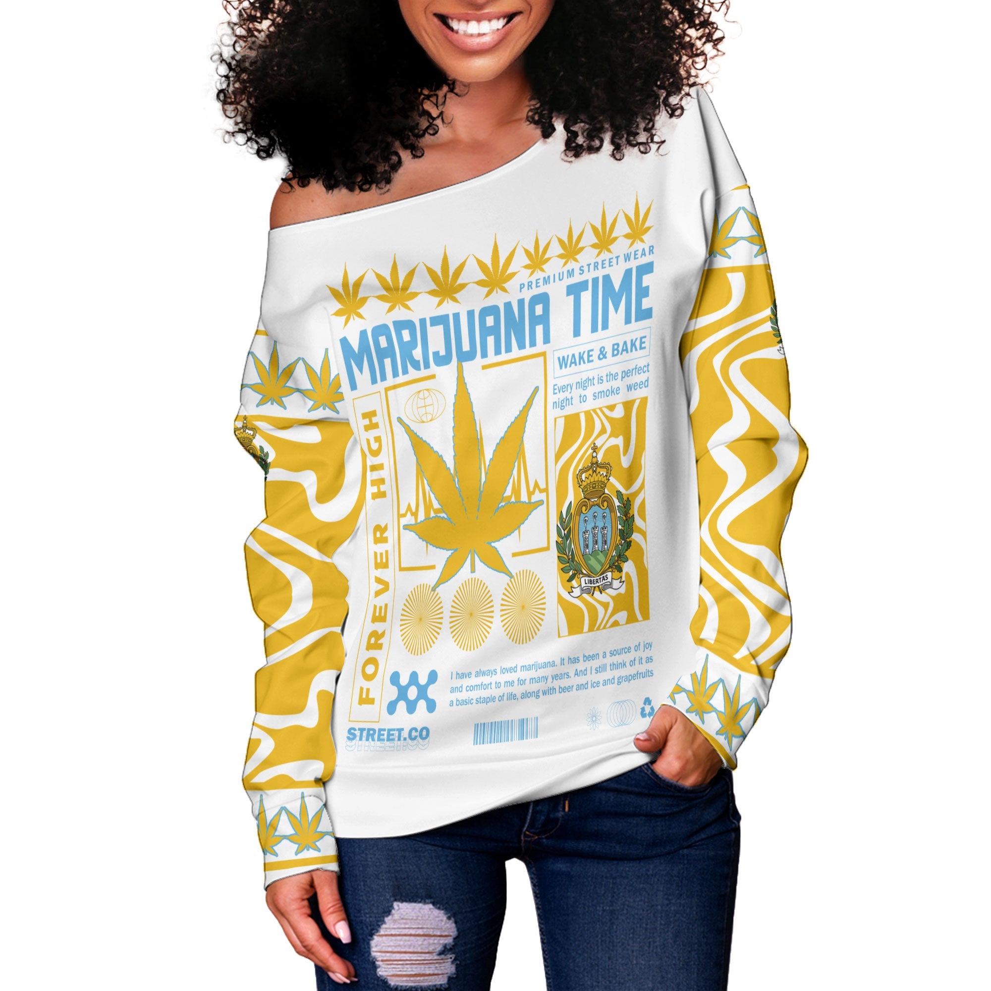 San Marino Women Off Shoulder Sweatshirt Flag & Coat Of Arms Marijuanas Style