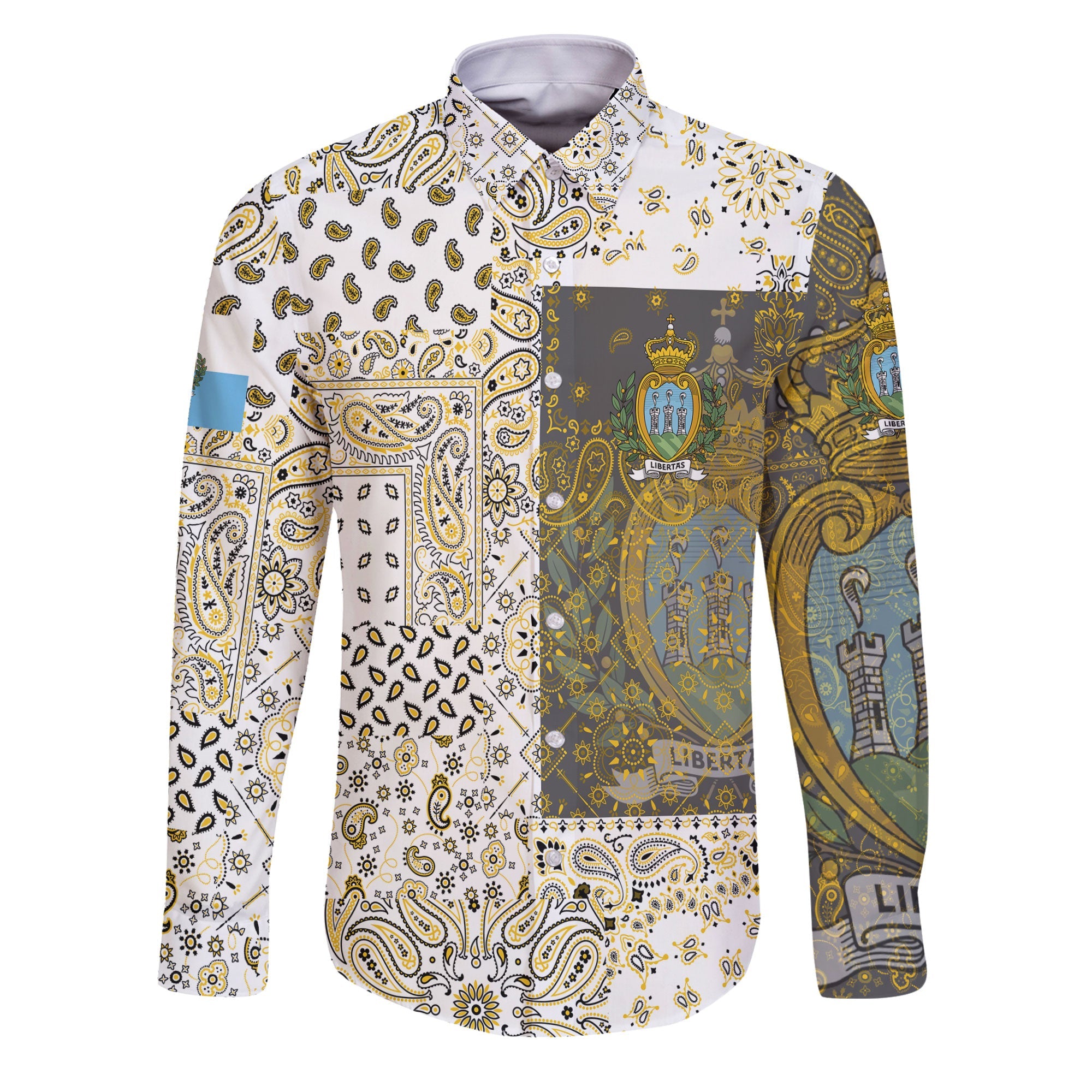 San Marino Long Sleeve Button Shirt Paisley Flag And Skull Style 1