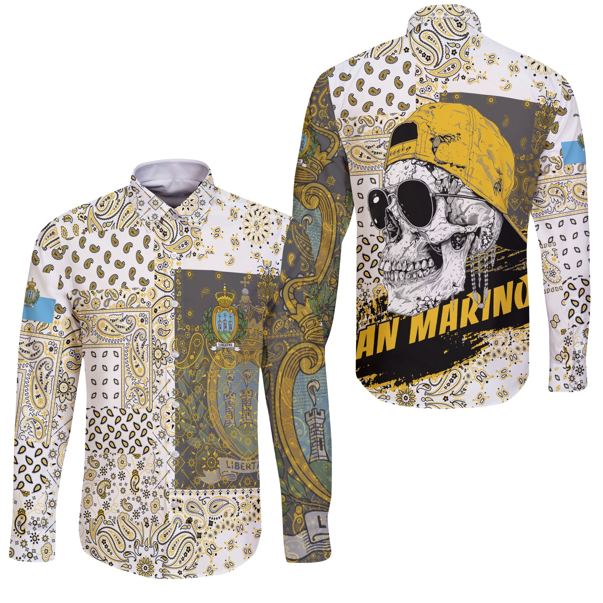 San Marino Long Sleeve Button Shirt Paisley Flag And Skull Style 3