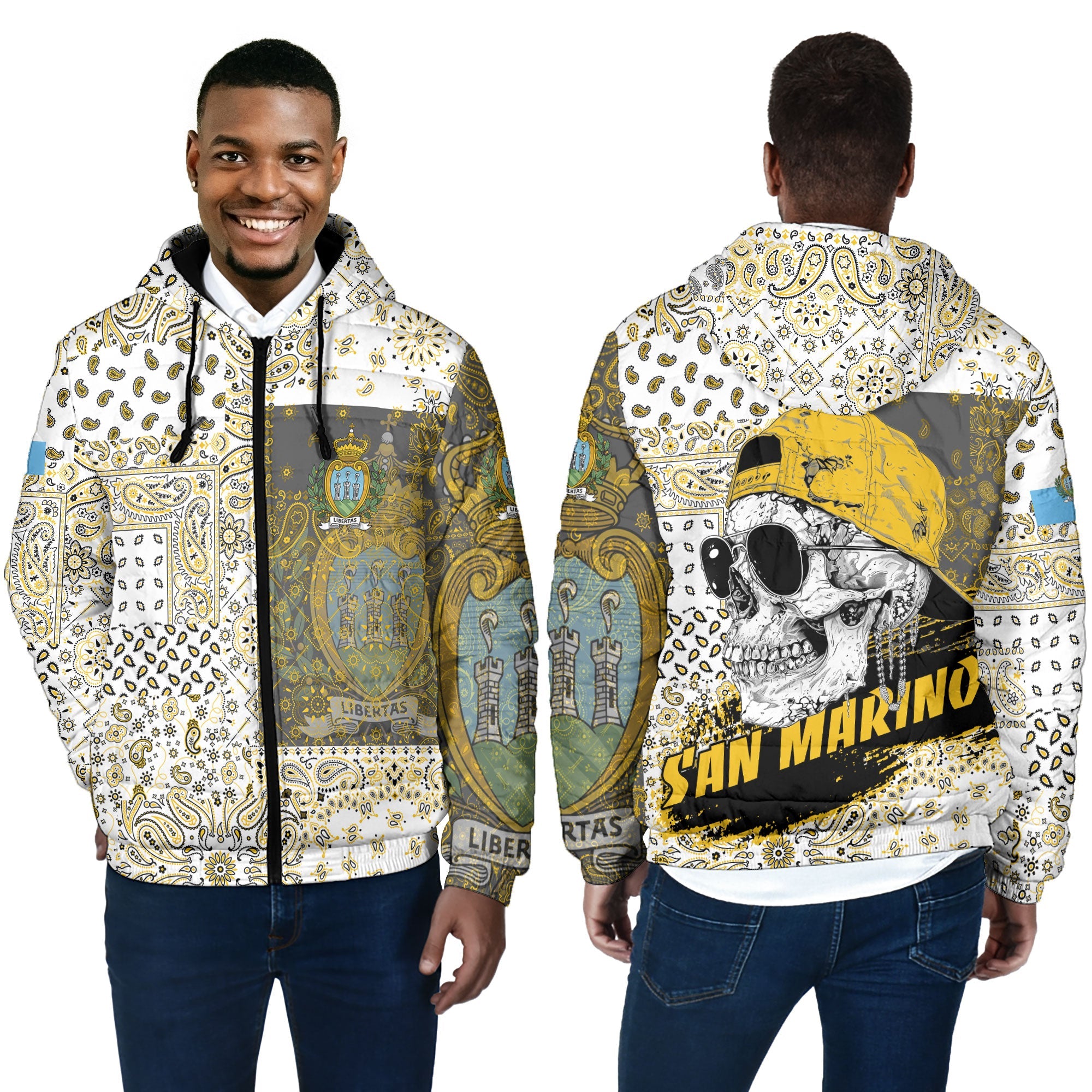 San Marino Men Hooded Padded Jacket Paisley Flag And Skull Style 4