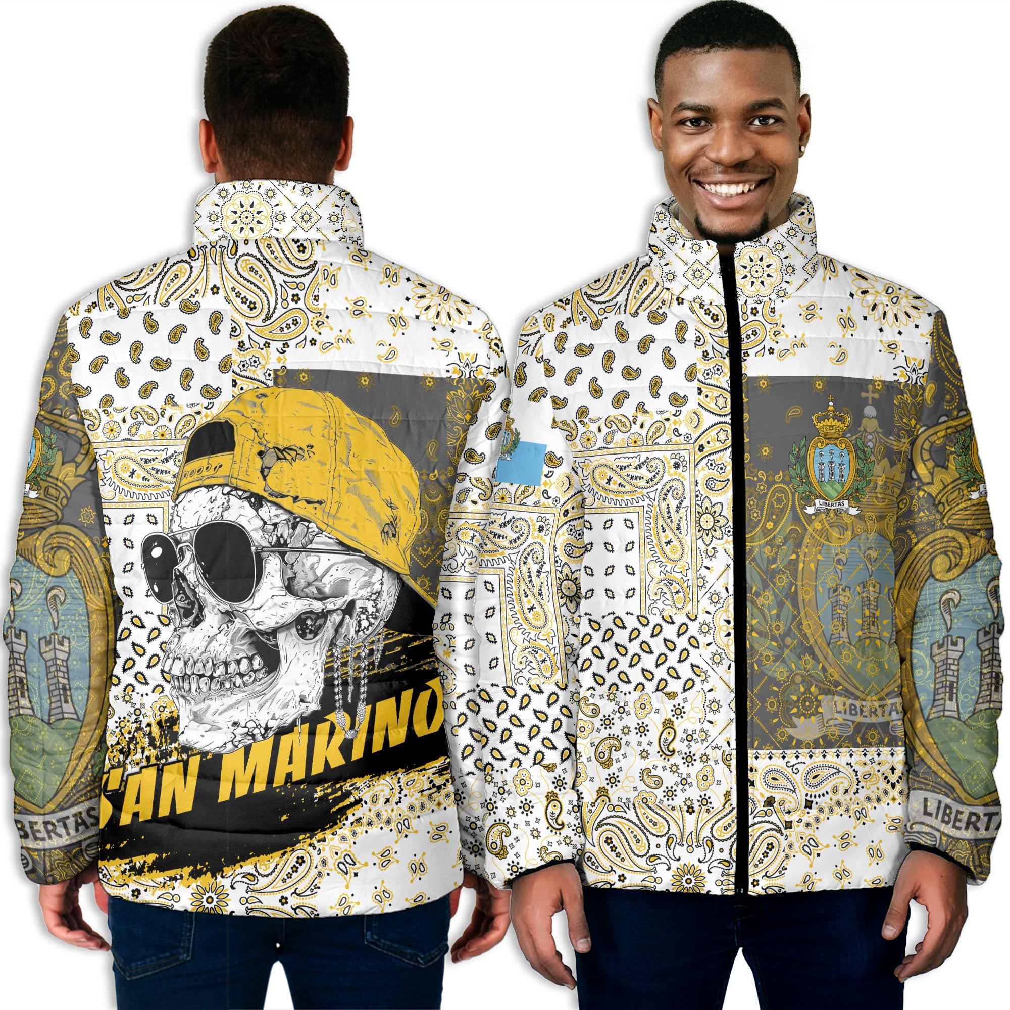 San Marino Men Padded Jacket Paisley Flag And Skull Style 3