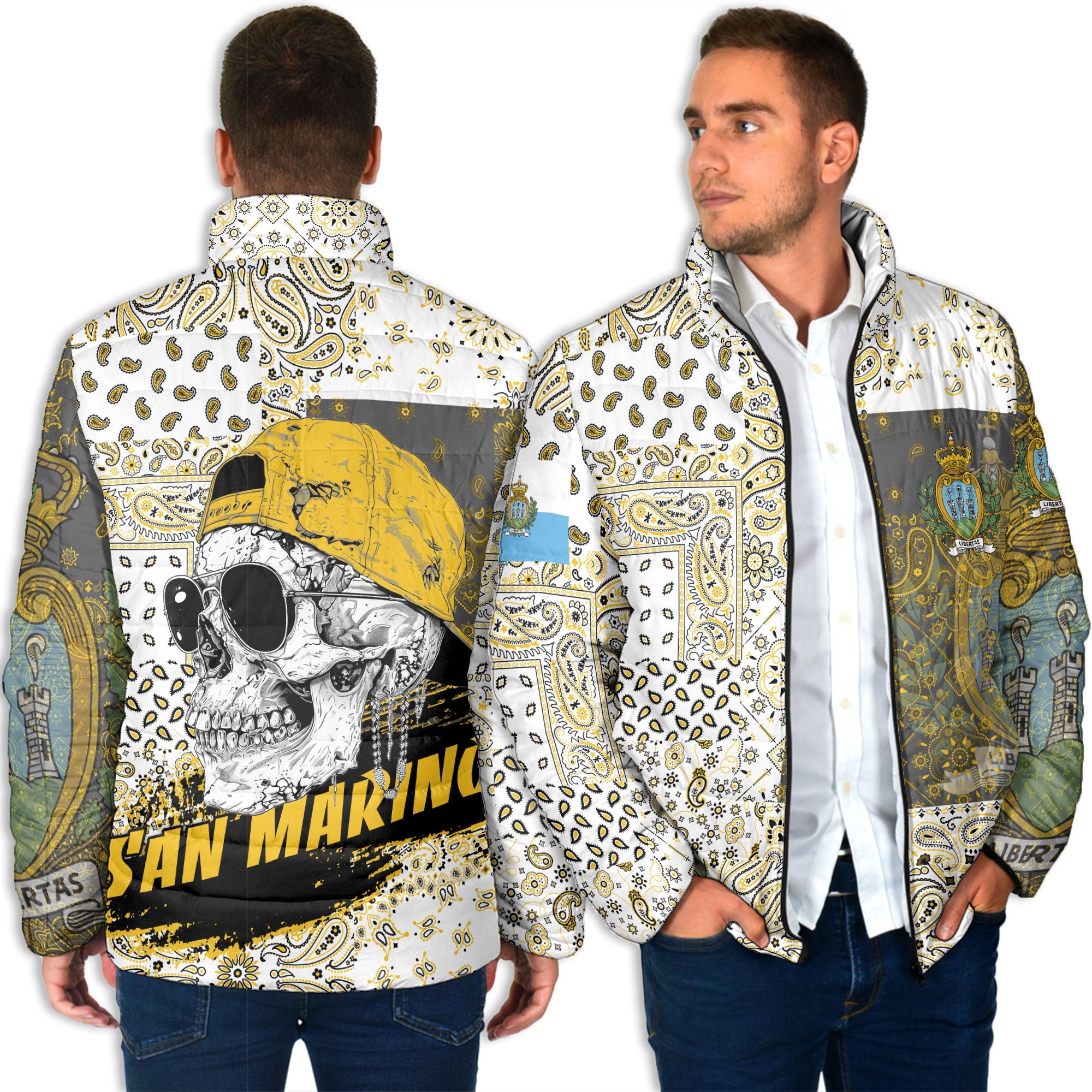 San Marino Men Padded Jacket Paisley Flag And Skull Style 4