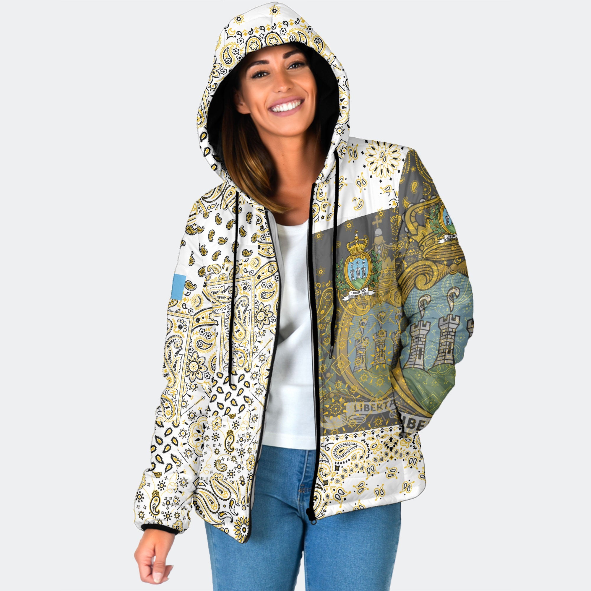 San Marino Women Hooded Padded Jacket Paisley Flag And Skull Style 1