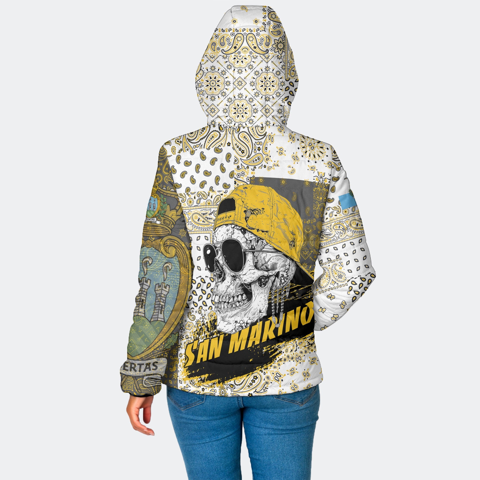 San Marino Women Hooded Padded Jacket Paisley Flag And Skull Style 2