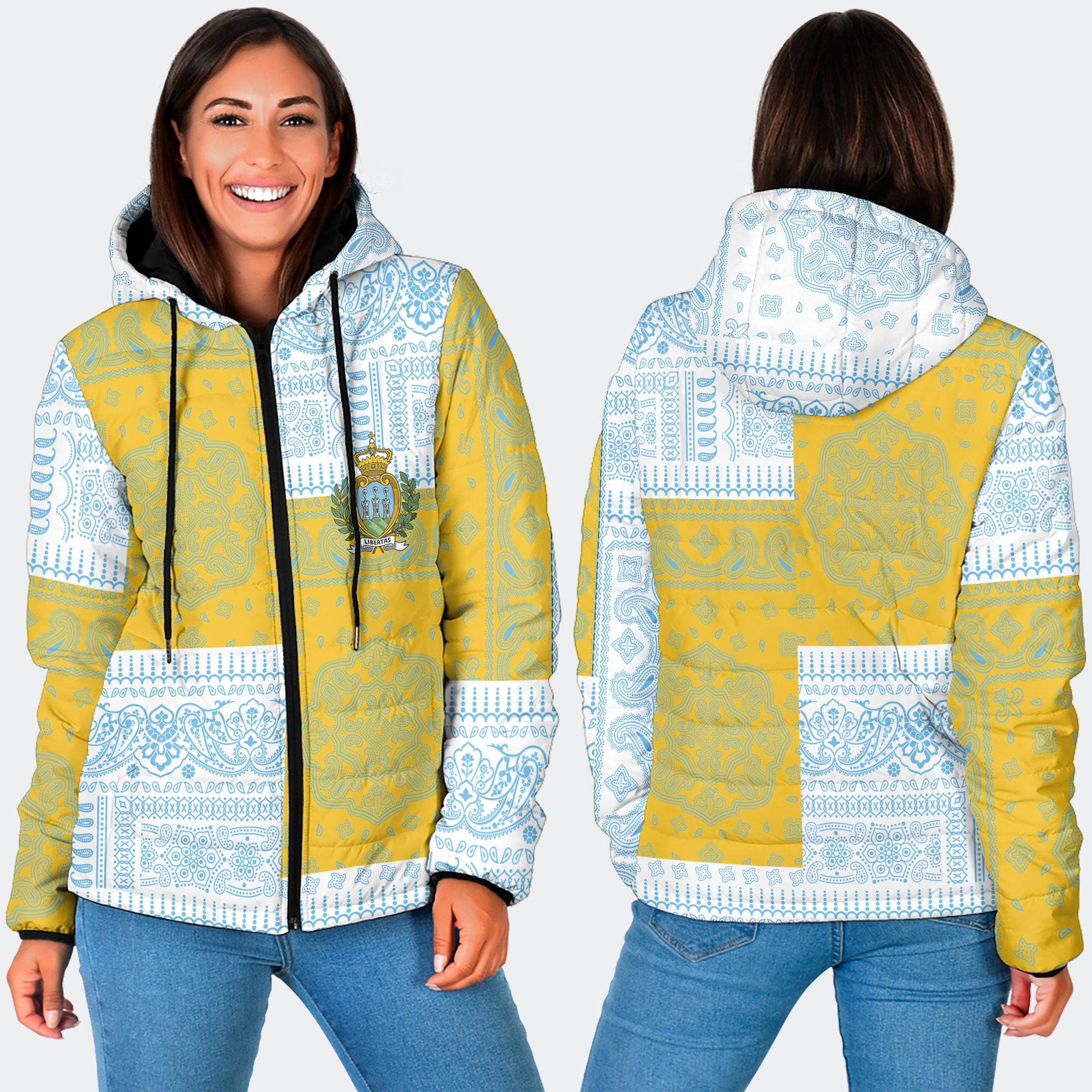 San Marino Women Hooded Padded Jacket Flag And Paisley Basic Style 3