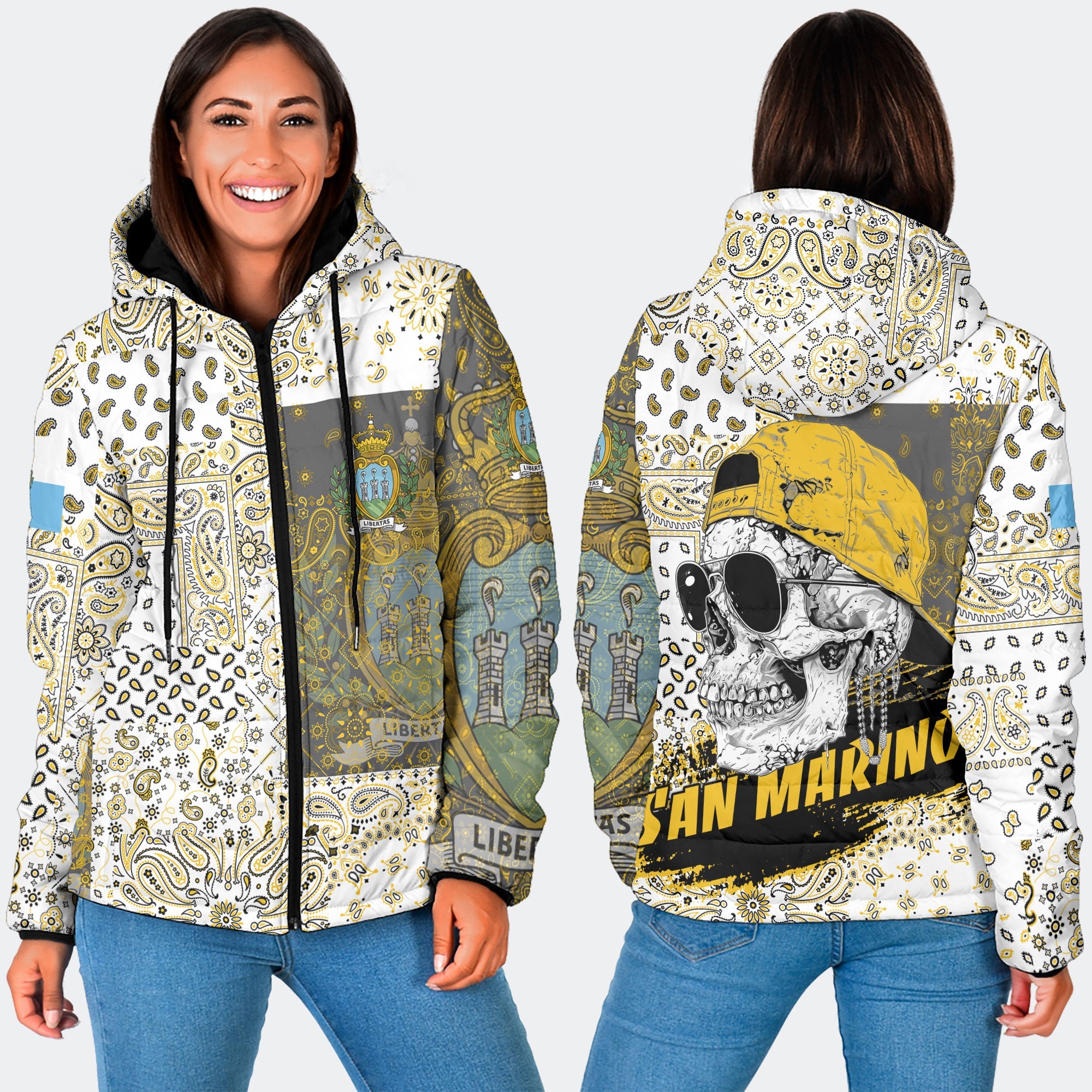 San Marino Women Hooded Padded Jacket Paisley Flag And Skull Style 3