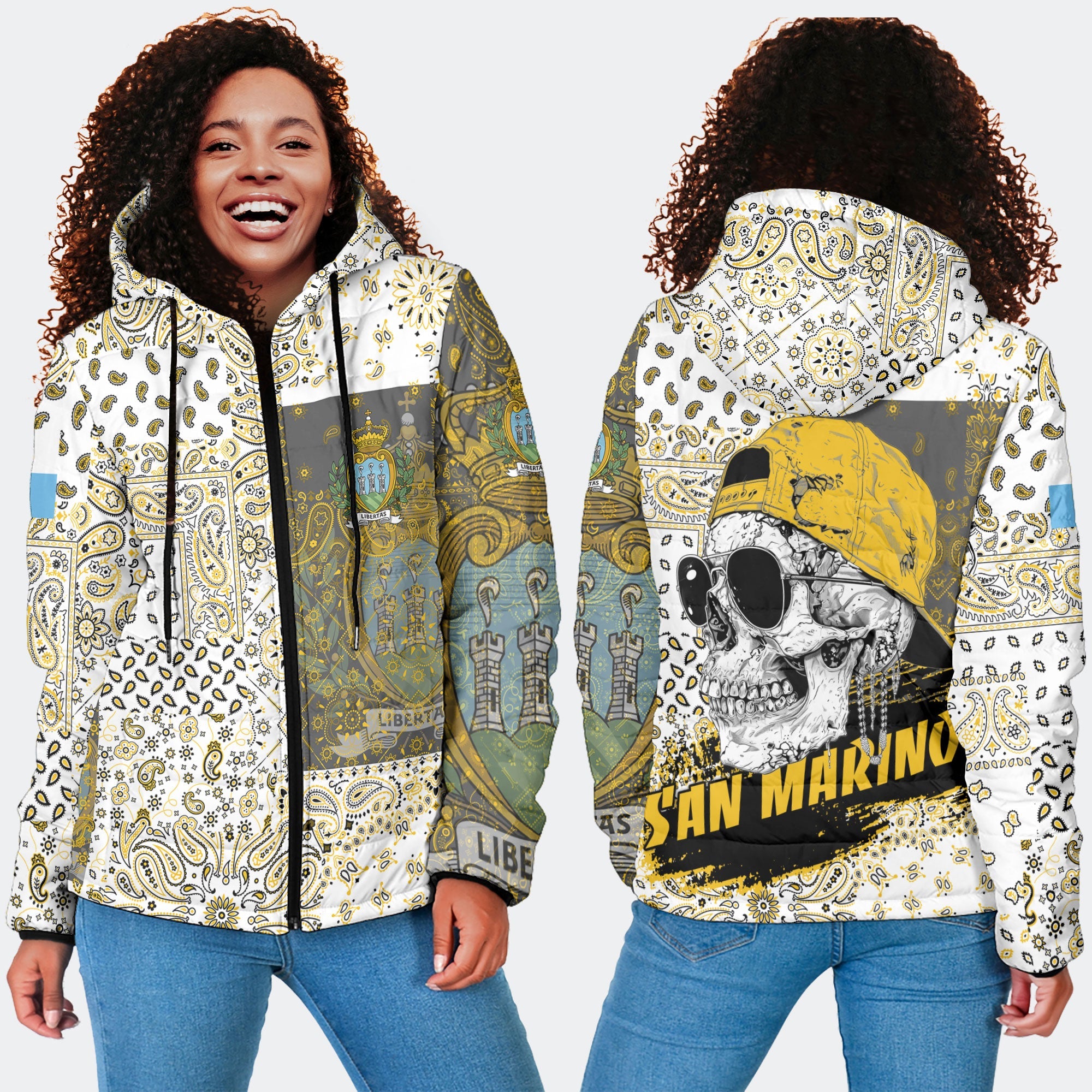 San Marino Women Hooded Padded Jacket Paisley Flag And Skull Style 4