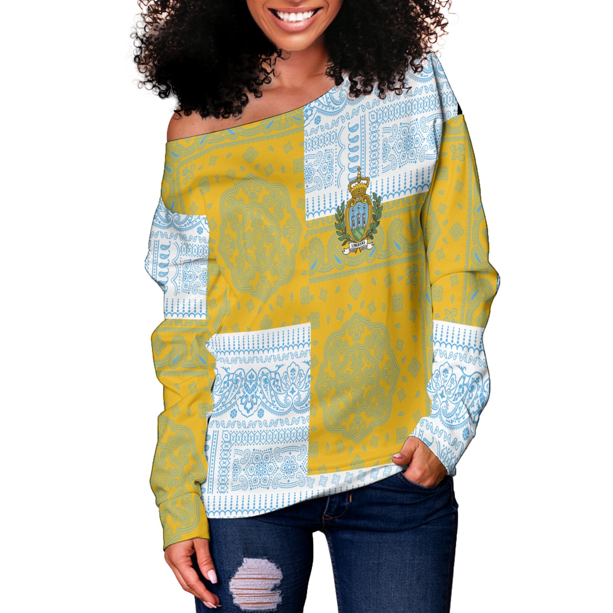 San Marino Women Off Shoulder Sweatshirt Flag And Paisley Basic Style 2