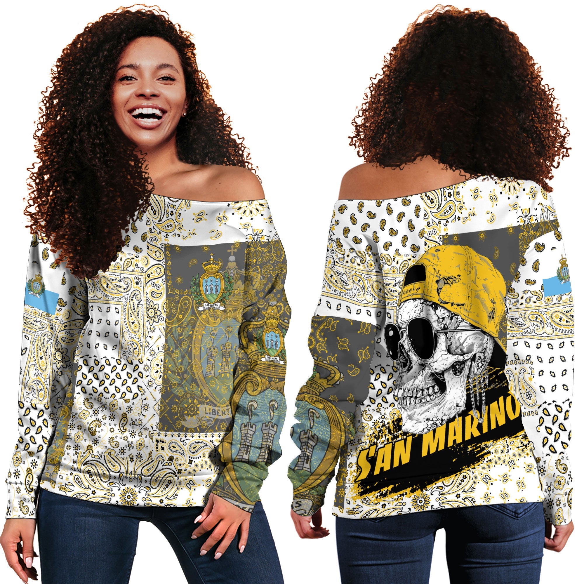 San Marino Women Off Shoulder Sweatshirt Paisley Flag And Skull Style 1