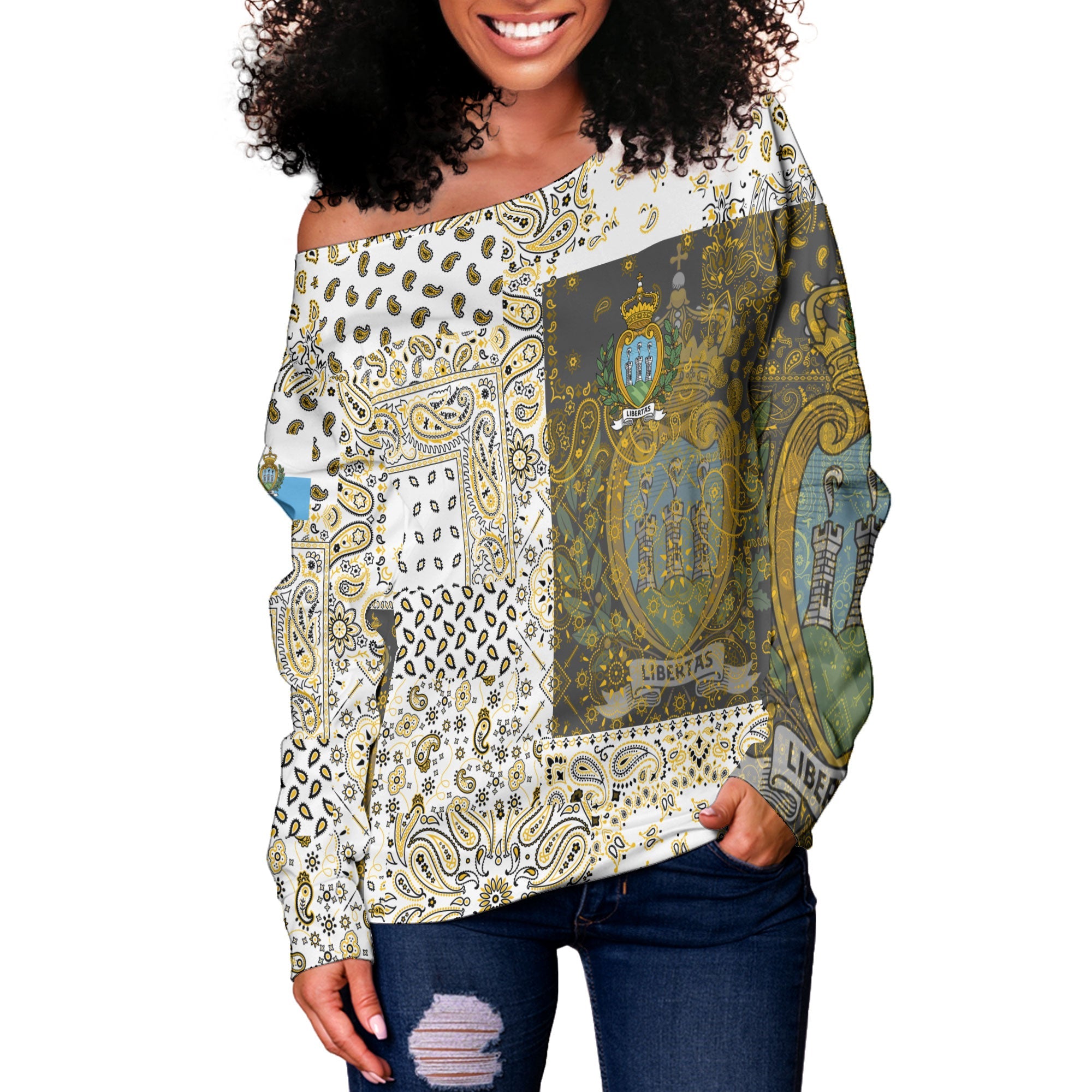 San Marino Women Off Shoulder Sweatshirt Paisley Flag And Skull Style 2