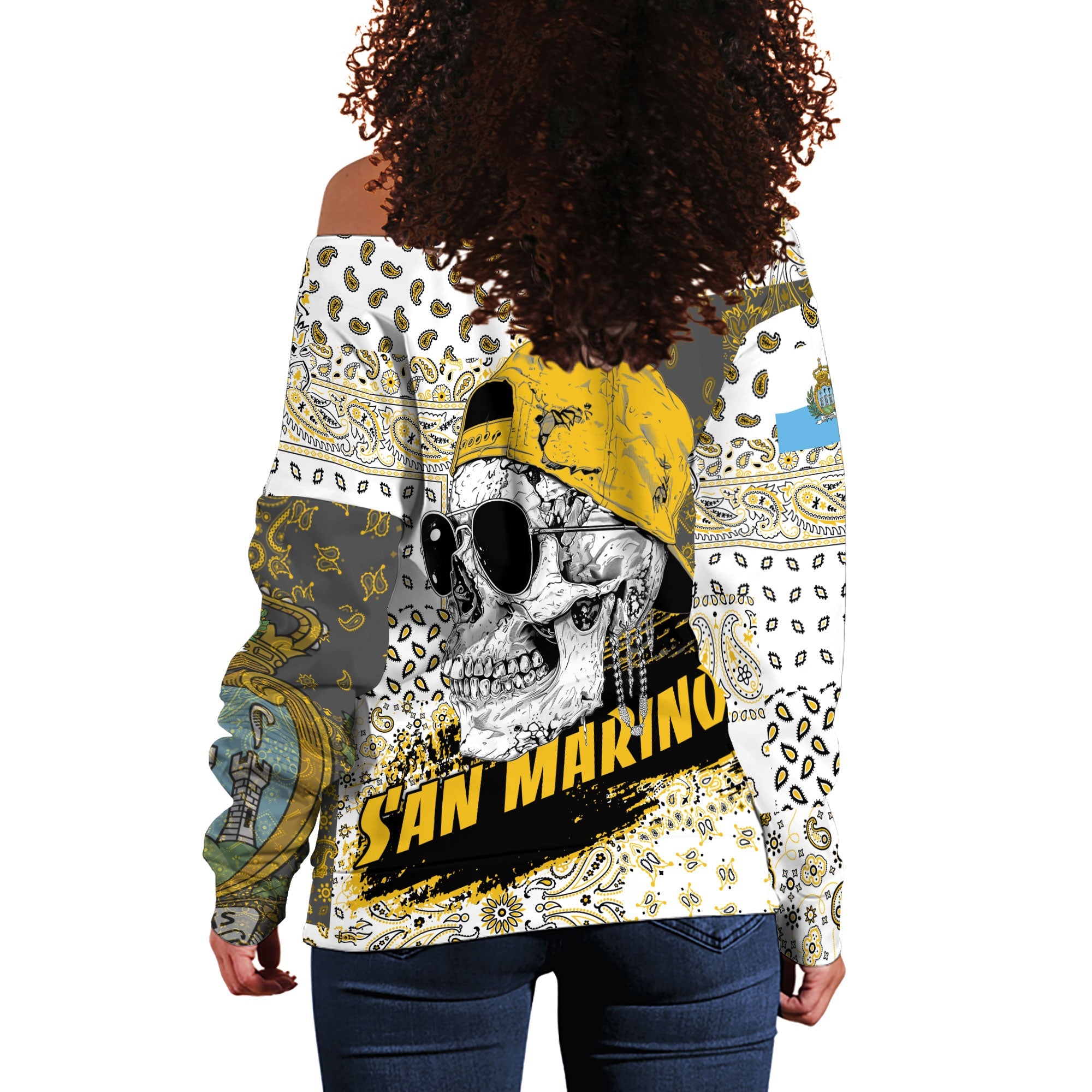 San Marino Women Off Shoulder Sweatshirt Paisley Flag And Skull Style 3