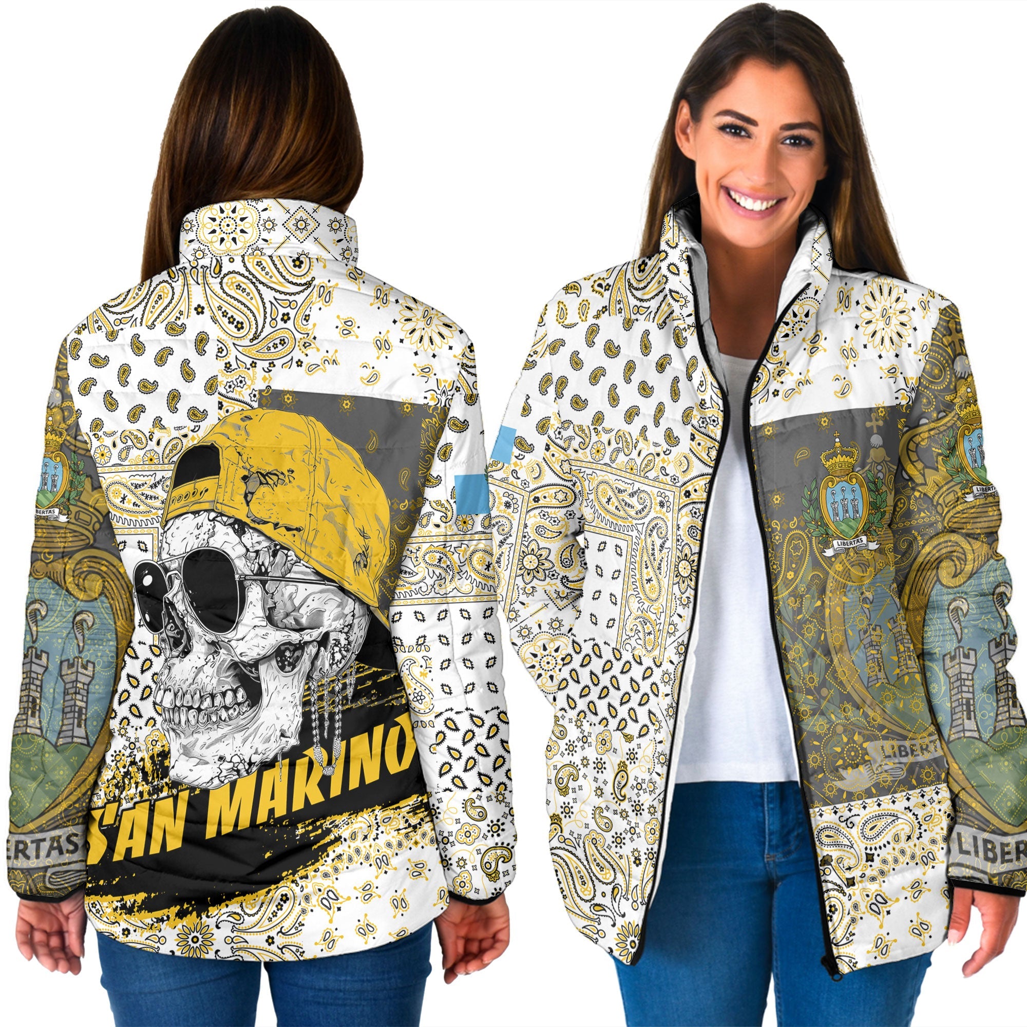 San Marino Women Padded Jacket Paisley Flag And Skull Style 3