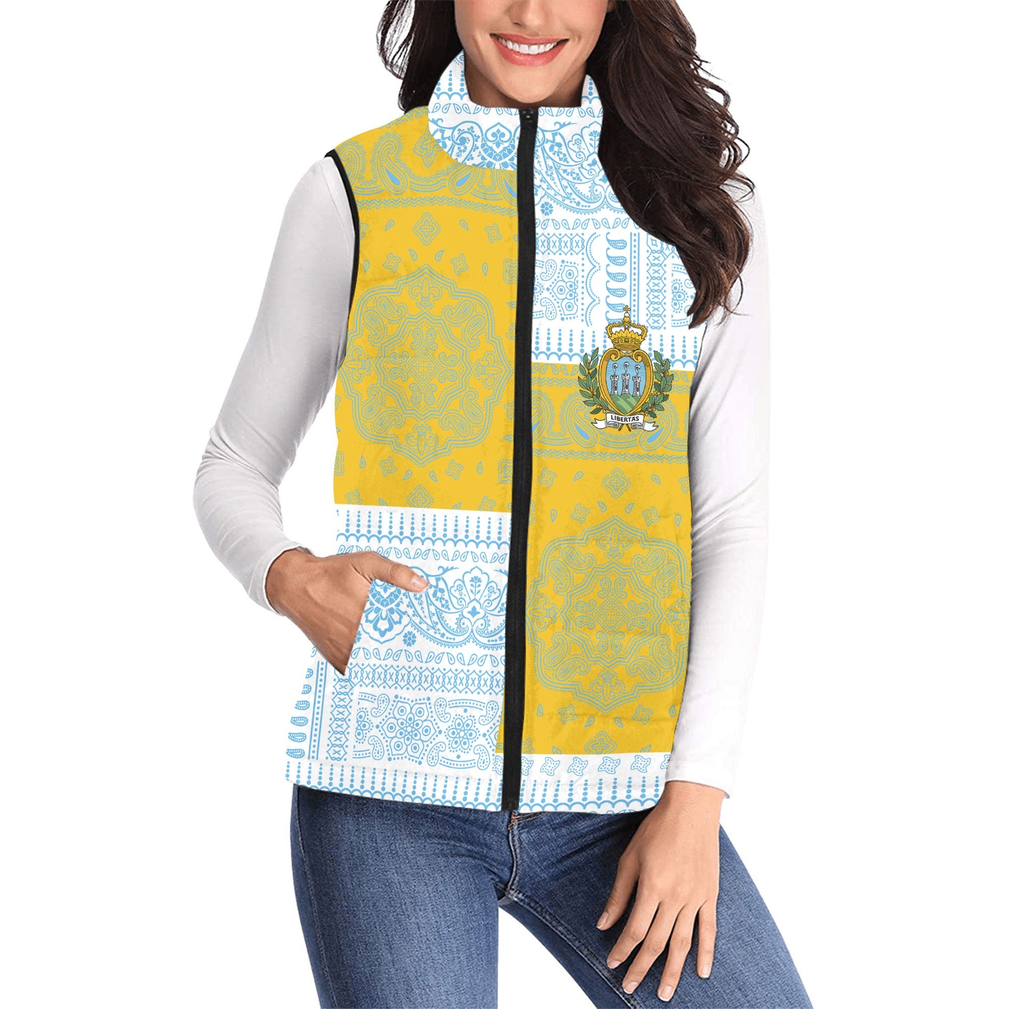 San Marino Women Padded Jacket Vest Flag And Paisley Basic Style 1