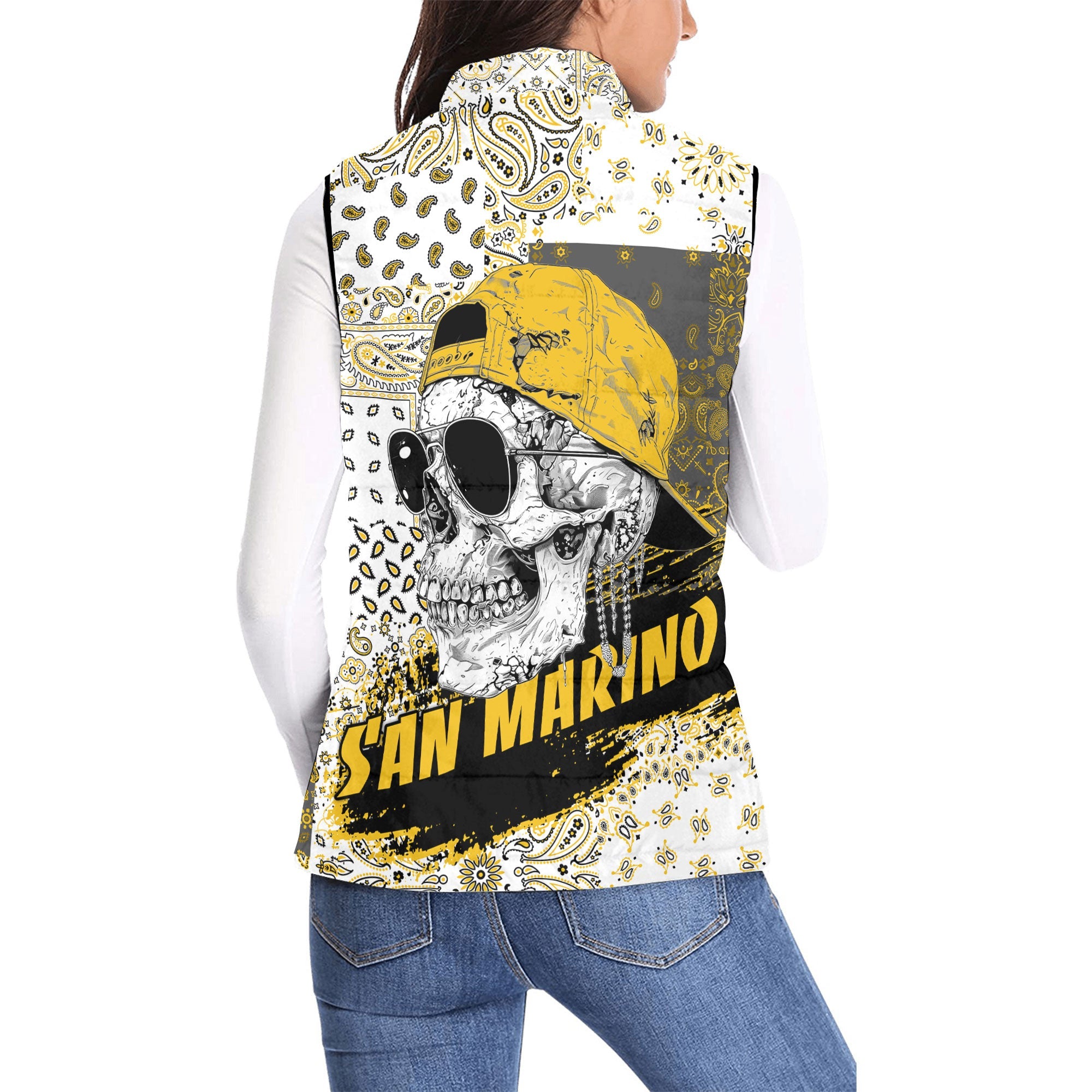 San Marino Women Padded Jacket Vest Paisley Flag And Skull Style 2