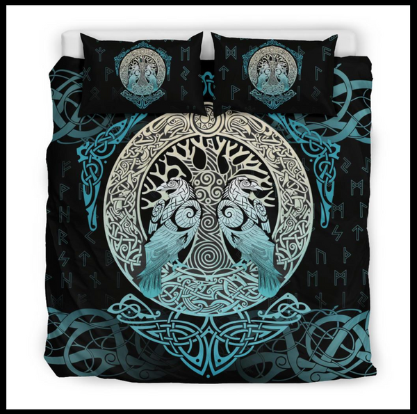 Viking Bedding Set Odin's Raven Yggdrasil Rune Style