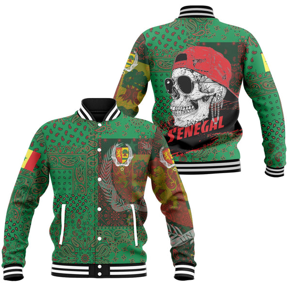 Senegal Baseball Jacket Paisley Flag And Skull Style 1