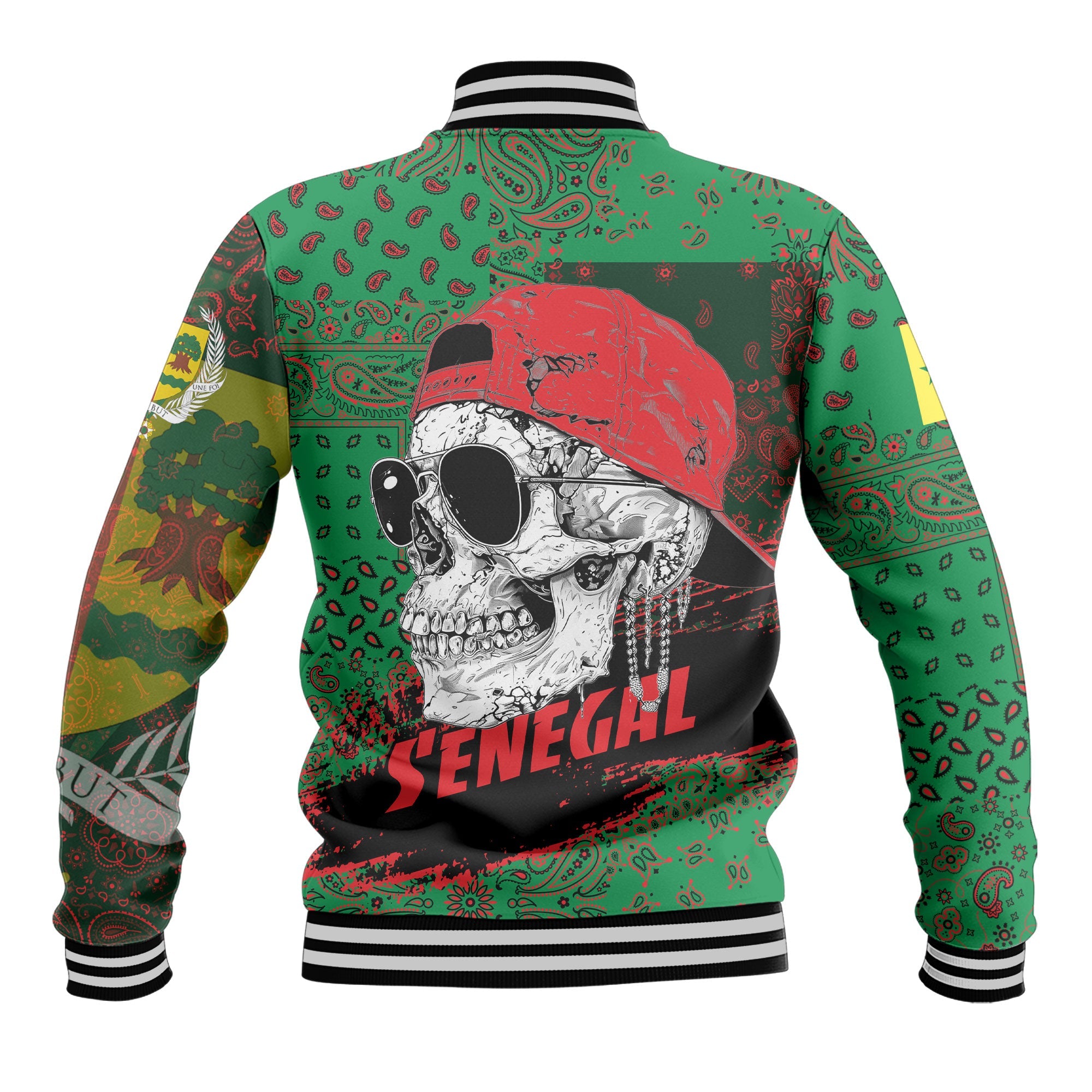 Senegal Baseball Jacket Paisley Flag And Skull Style 3