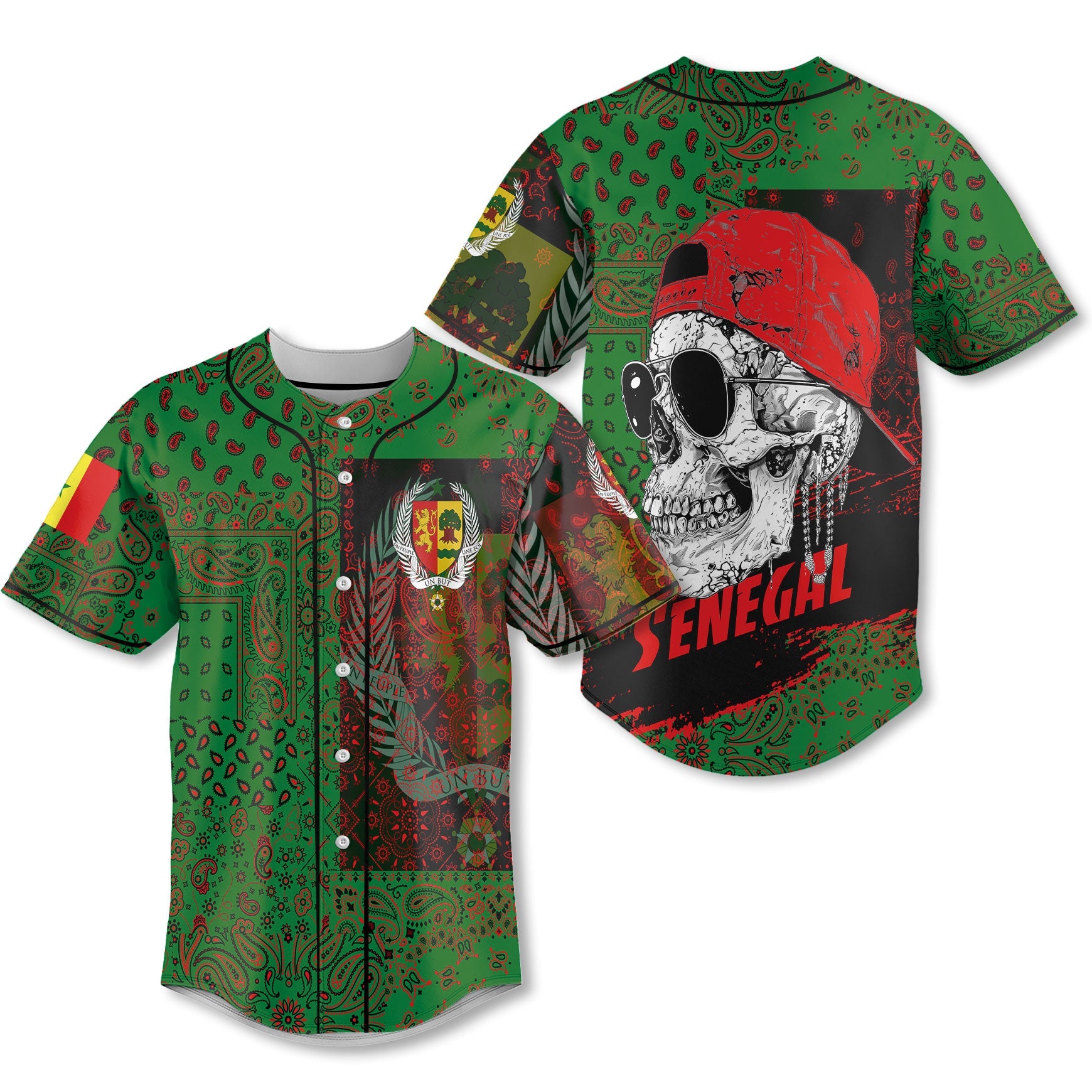 Senegal Baseball Jersey Paisley Flag And Skull Style 1