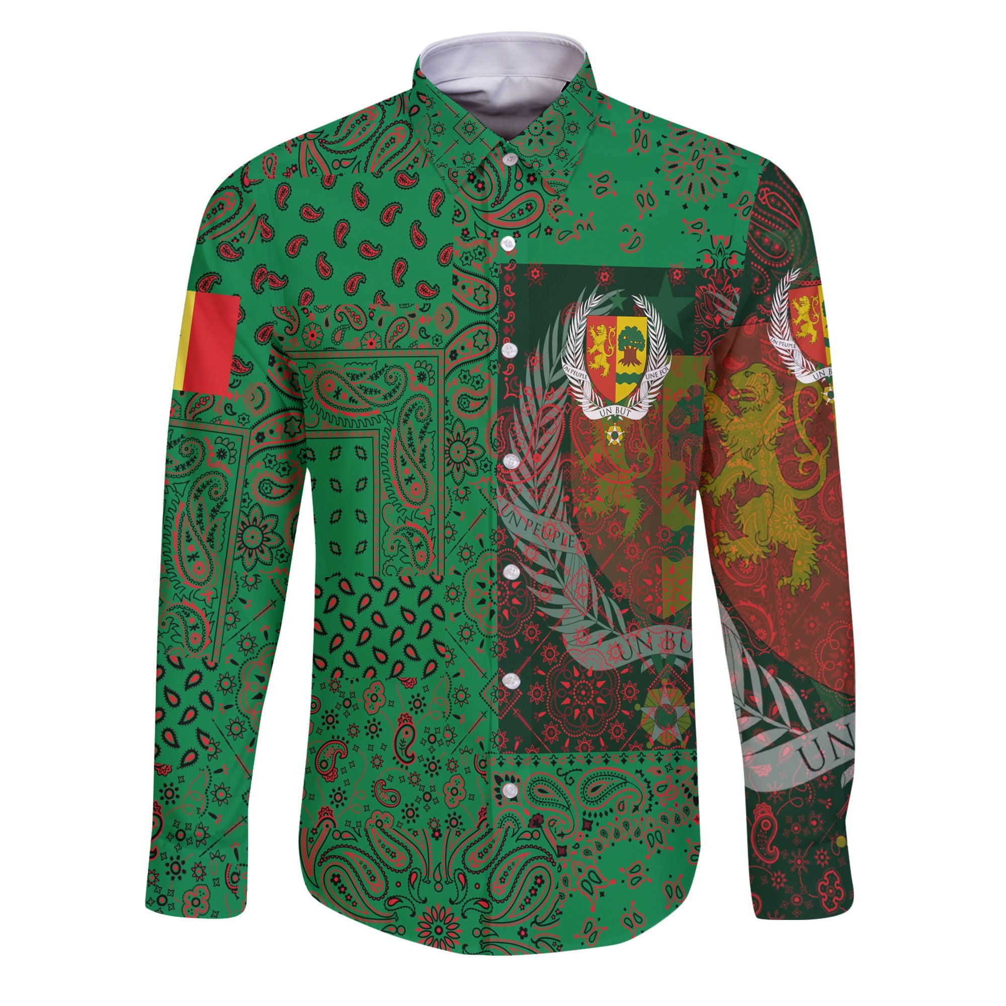 Senegal Long Sleeve Button Shirt Paisley Flag And Skull Style 1