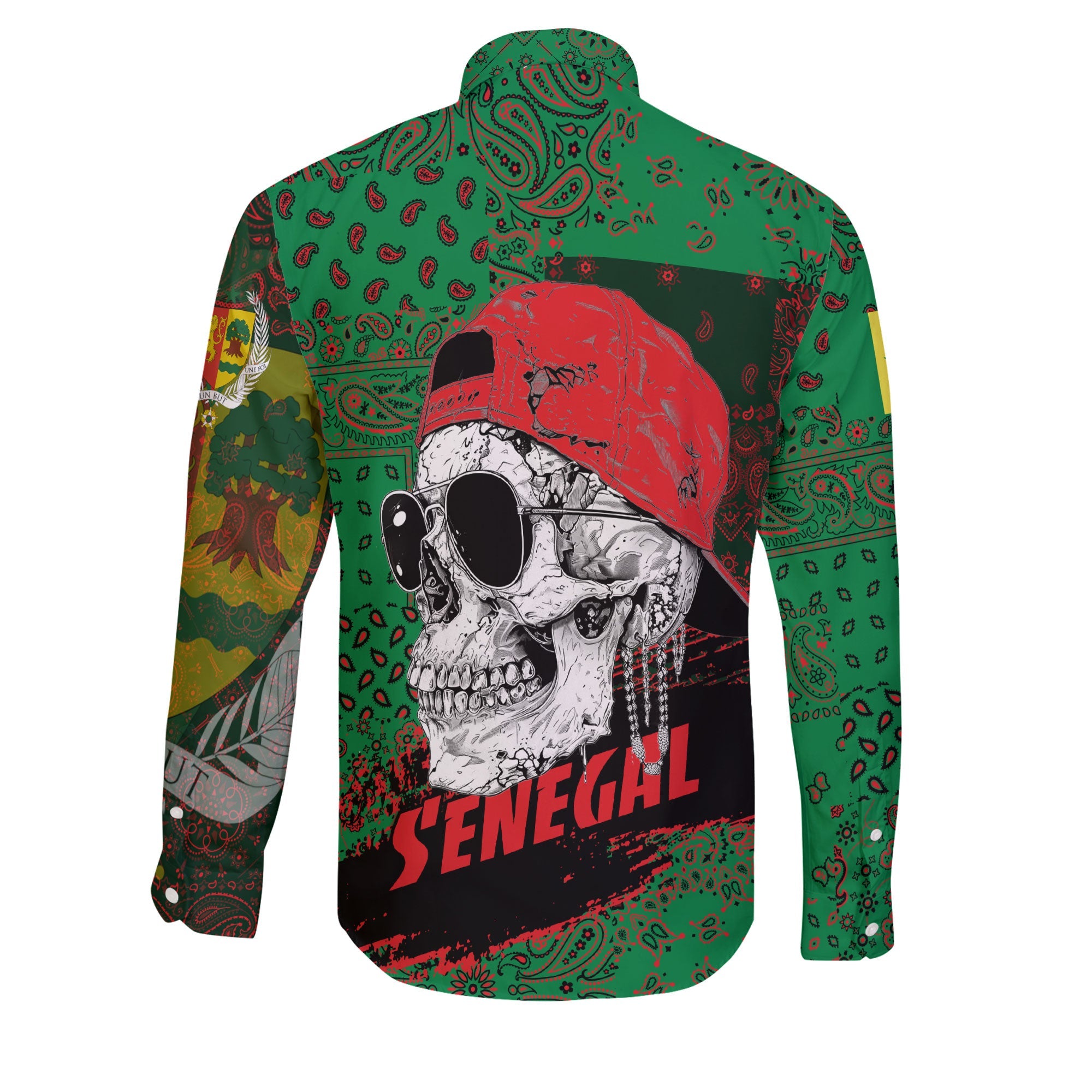 Senegal Long Sleeve Button Shirt Paisley Flag And Skull Style 2