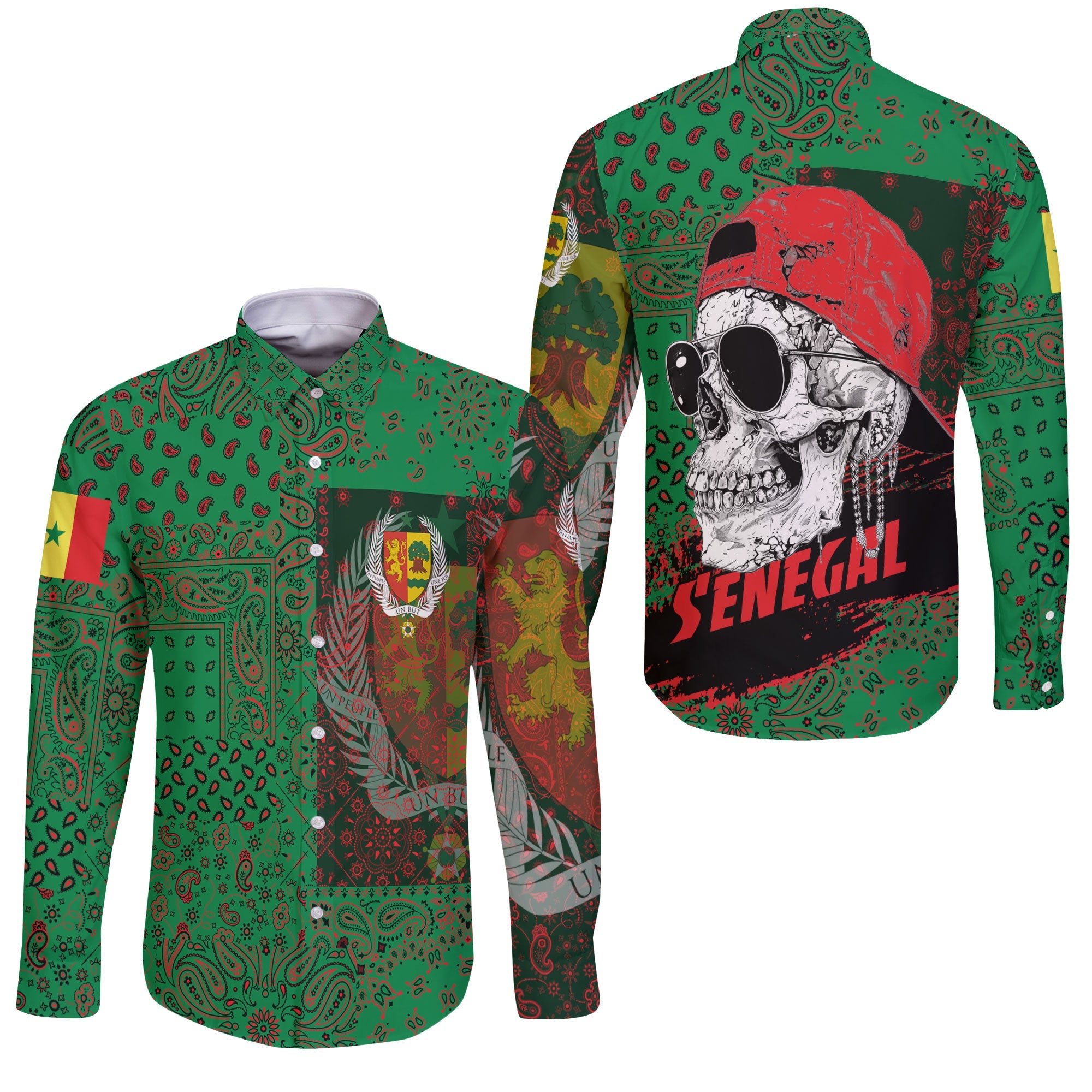 Senegal Long Sleeve Button Shirt Paisley Flag And Skull Style 3