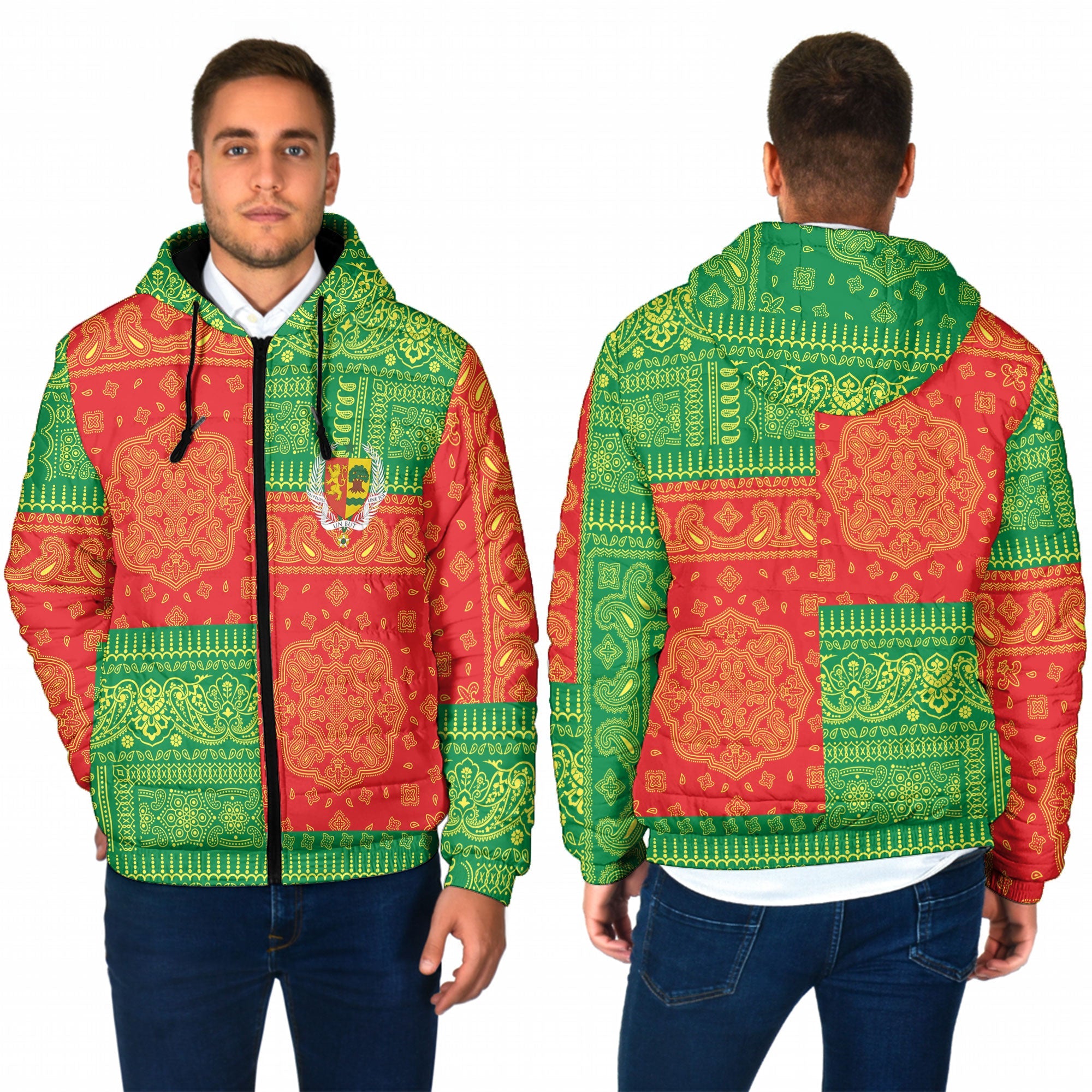 Senegal Men Hooded Padded Jacket Flag And Paisley Basic Style 1