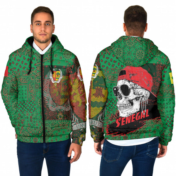 Senegal Men Hooded Padded Jacket Paisley Flag And Skull Style 1