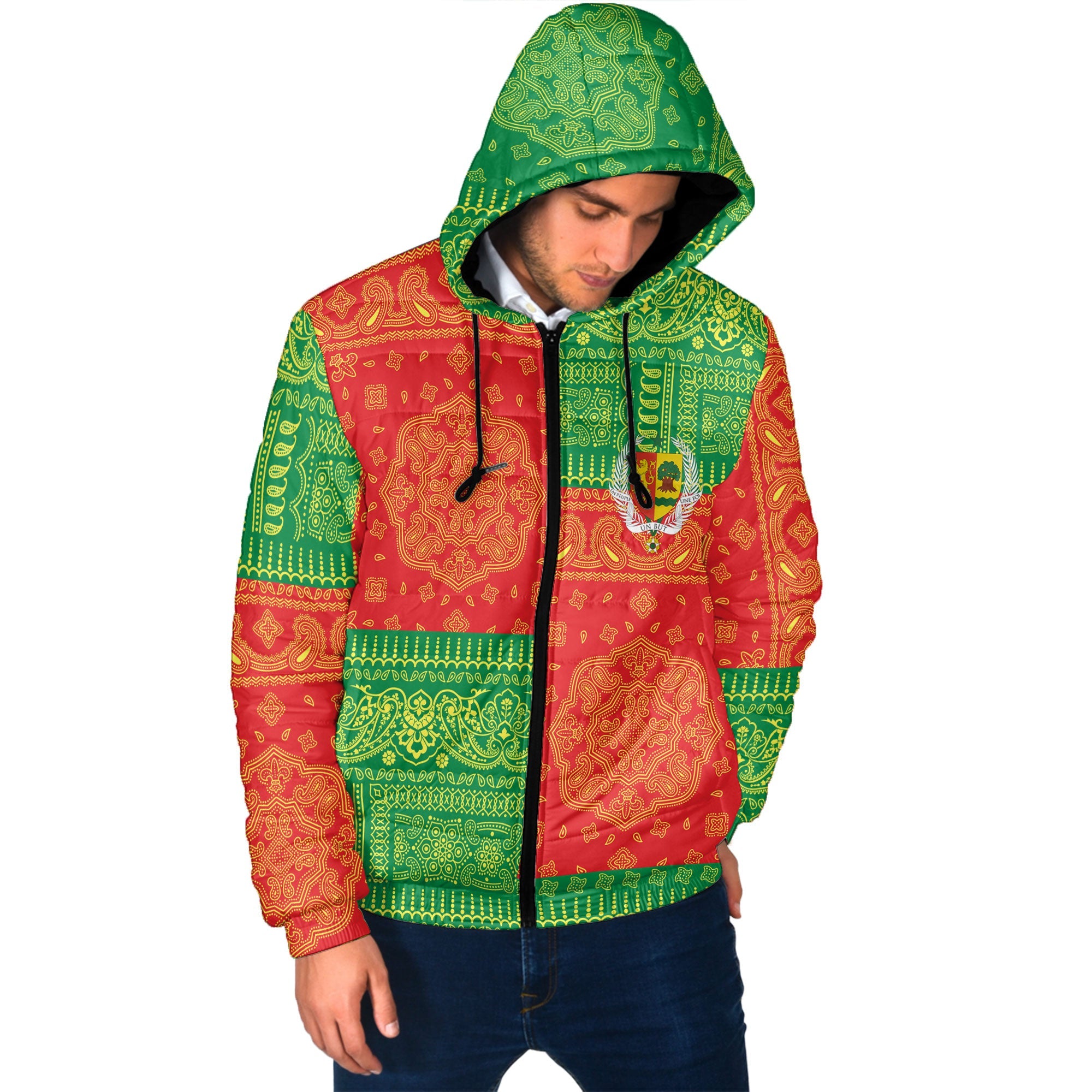 Senegal Men Hooded Padded Jacket Flag And Paisley Basic Style 2