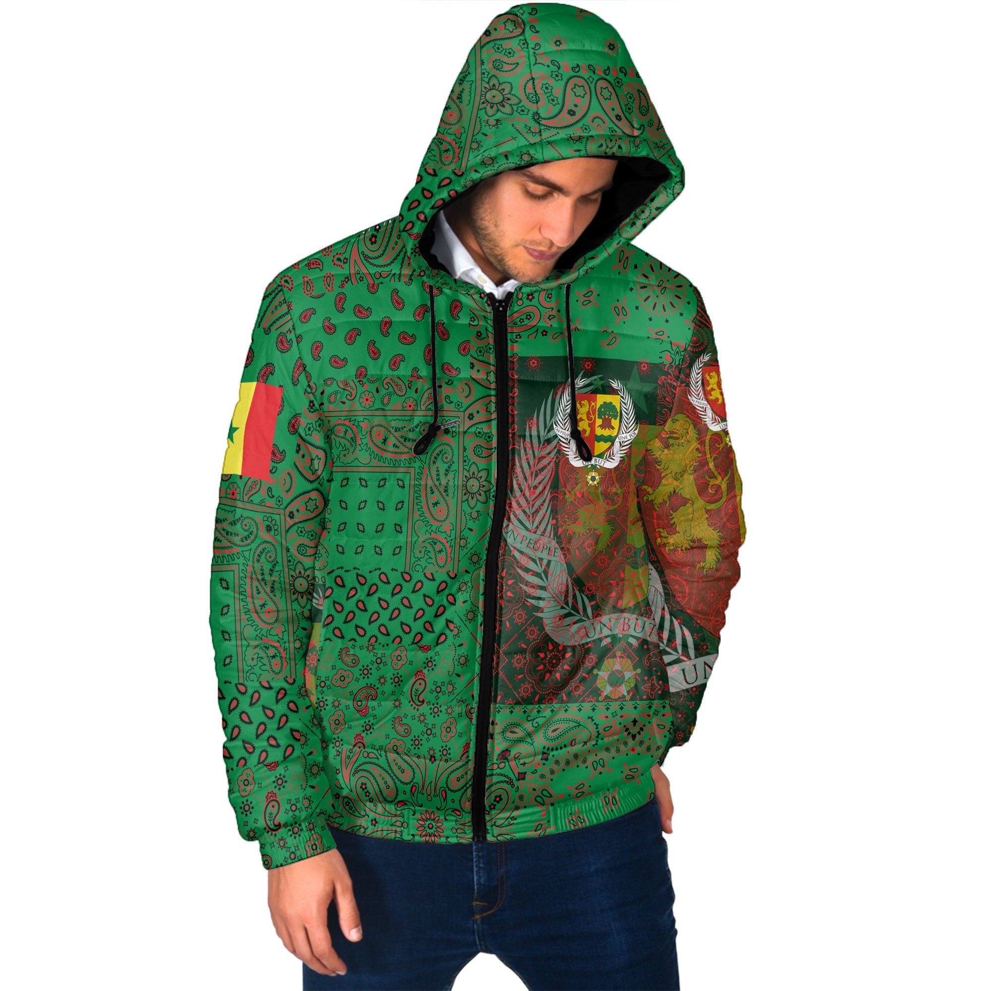 Senegal Men Hooded Padded Jacket Paisley Flag And Skull Style 2