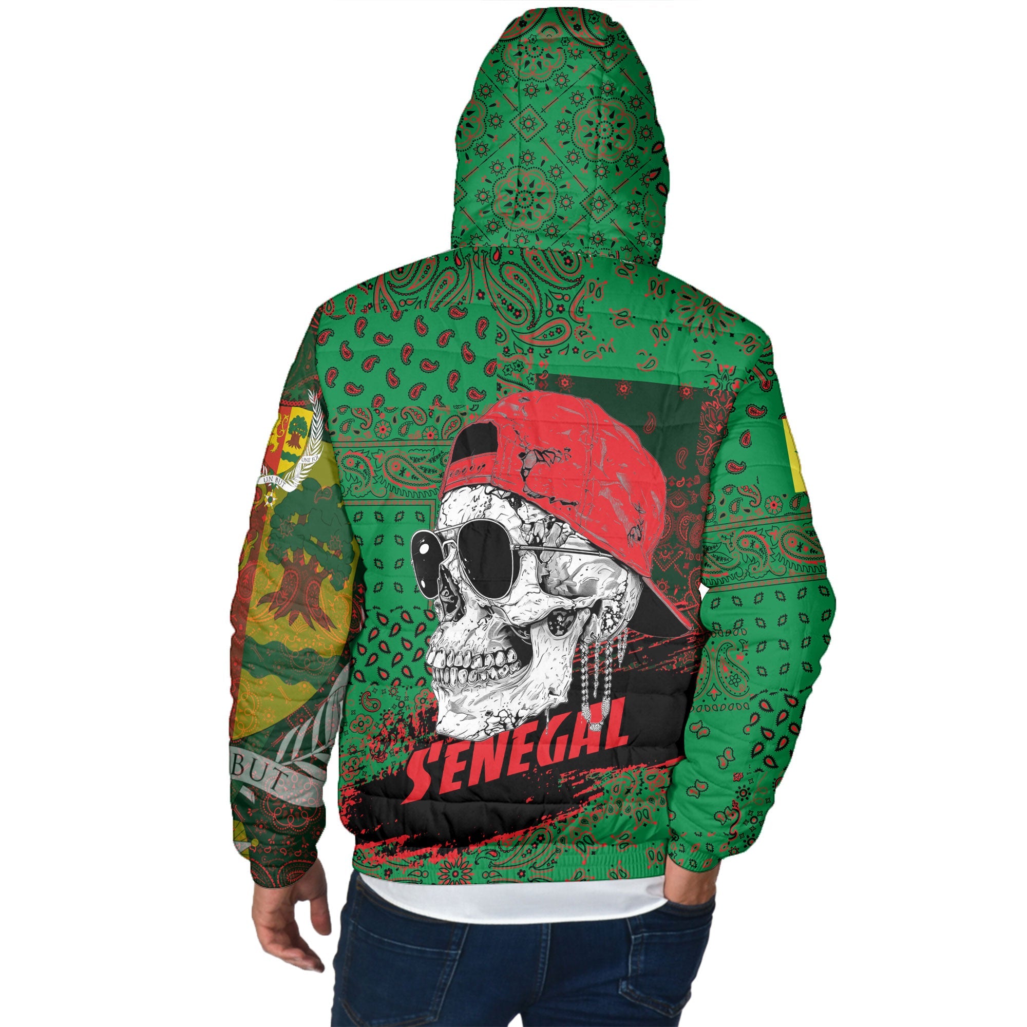 Senegal Men Hooded Padded Jacket Paisley Flag And Skull Style 3