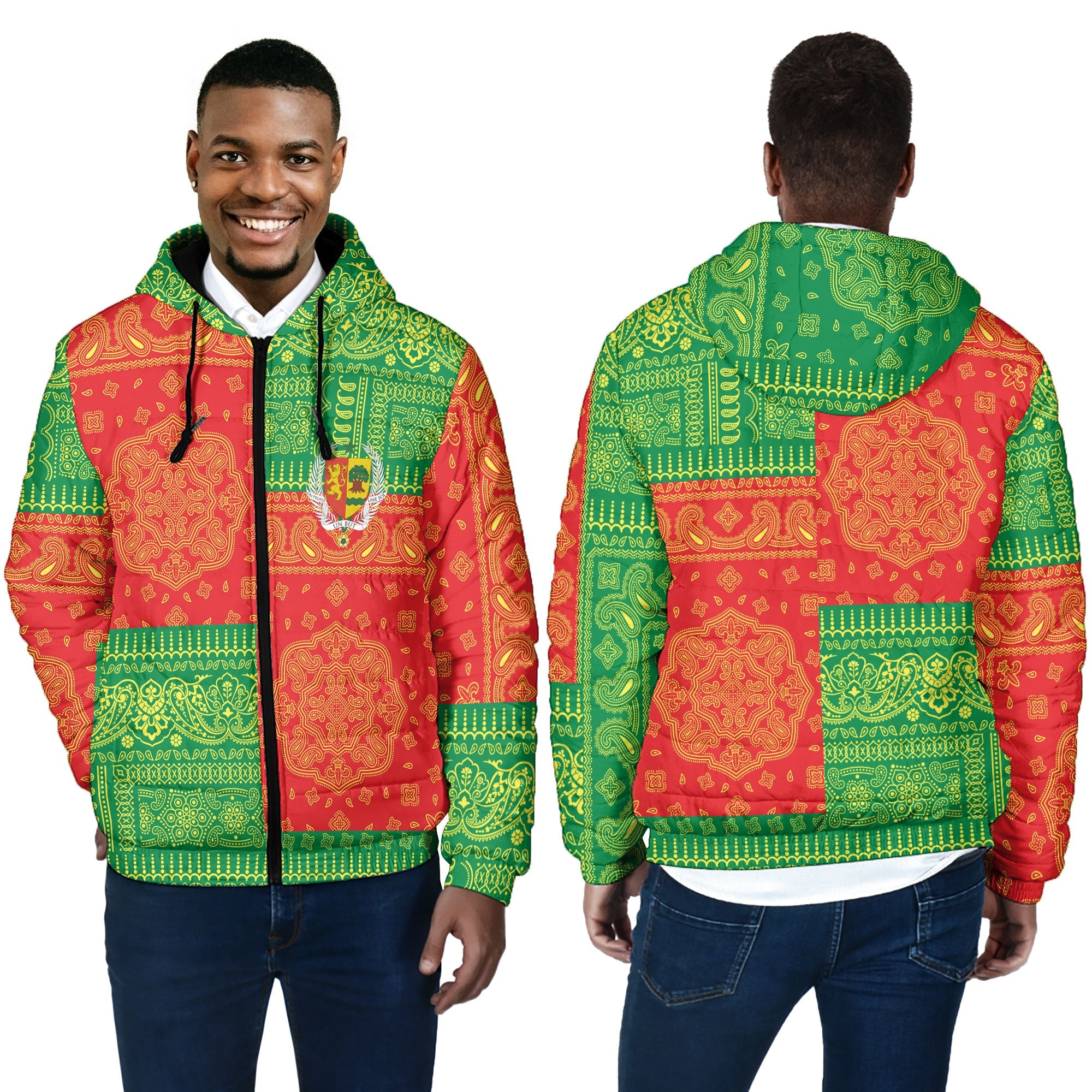 Senegal Men Hooded Padded Jacket Flag And Paisley Basic Style 4