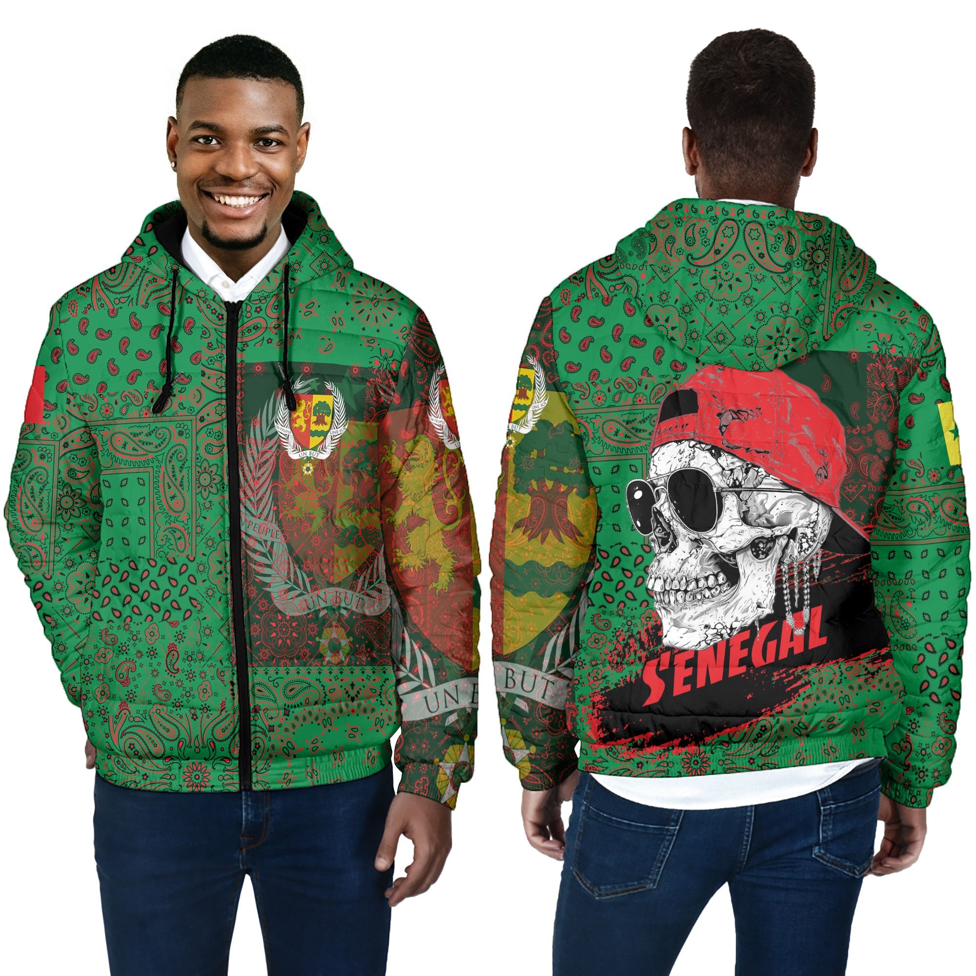 Senegal Men Hooded Padded Jacket Paisley Flag And Skull Style 4