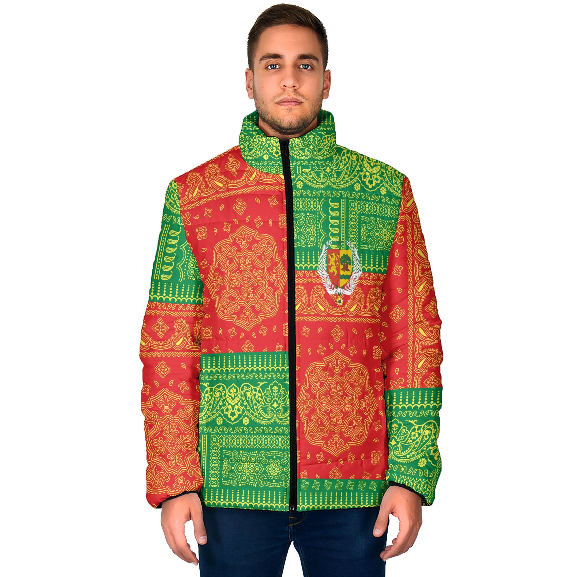 Senegal Men Padded Jacket Flag And Paisley Basic Style 1