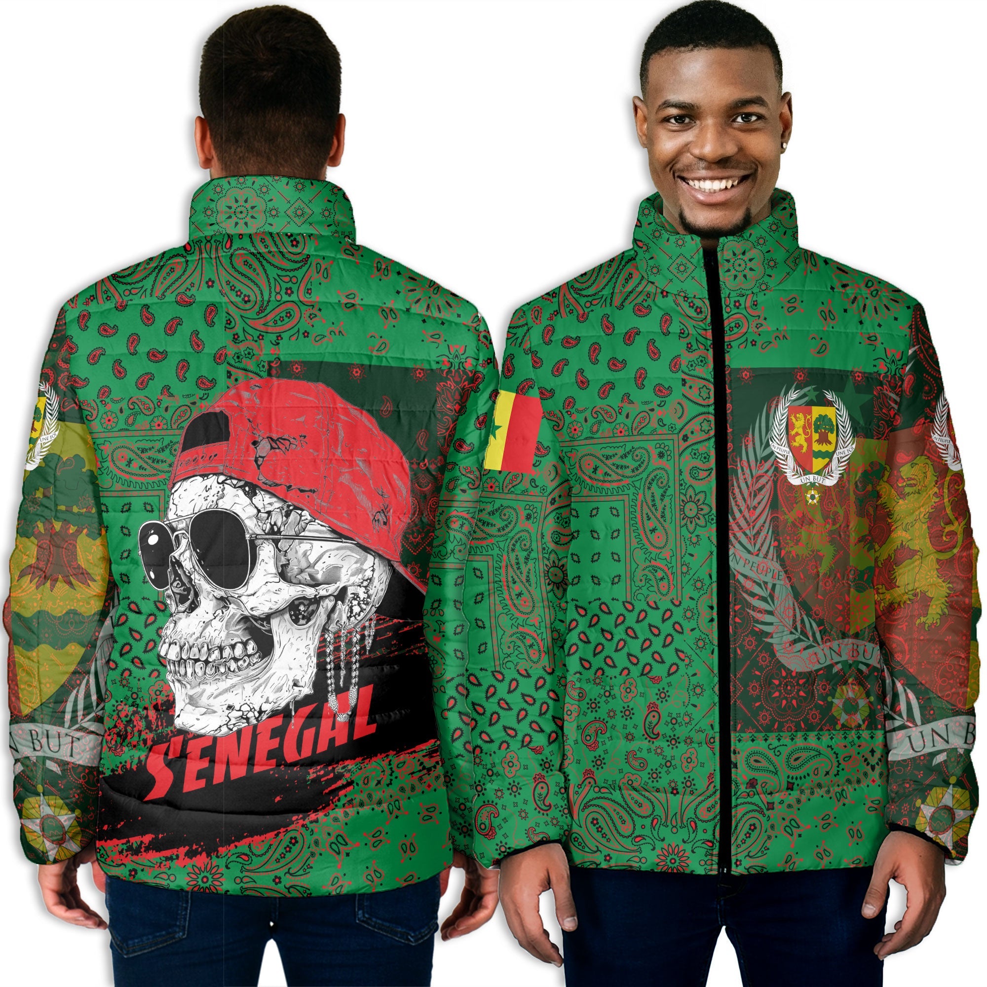 Senegal Men Padded Jacket Paisley Flag And Skull Style 3