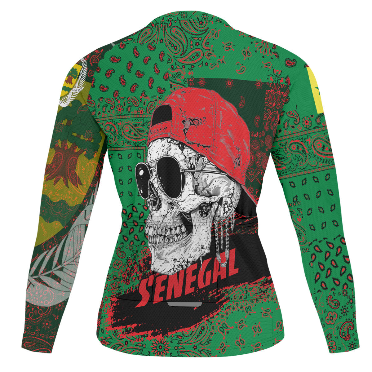 Senegal Raglan Men Cycling Jersey Long Sleeve Paisley Flag And Skull Style 2