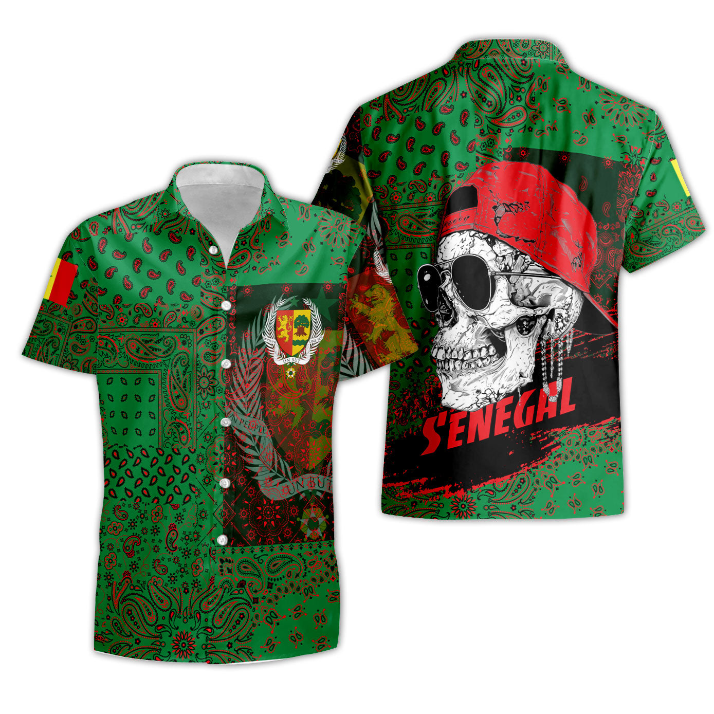 Senegal Short Sleeve Shirt Paisley Flag And Skull Style 3