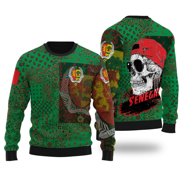 Senegal Ugly Sweater Paisley Flag And Skull Style 1