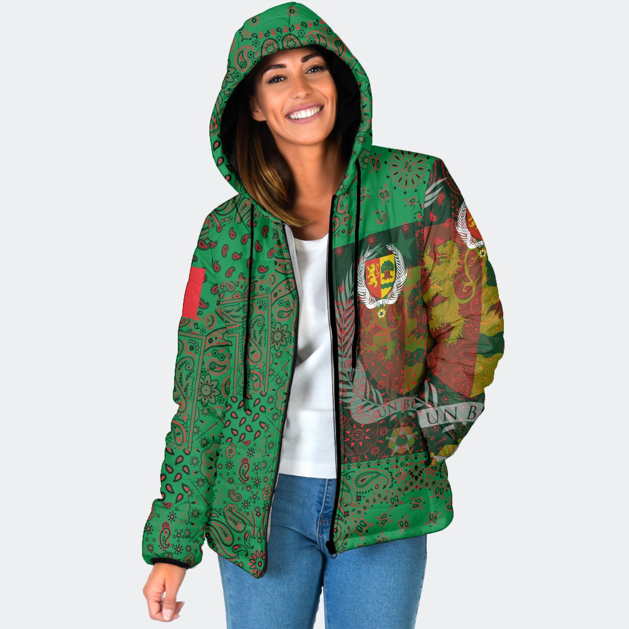 Senegal Women Hooded Padded Jacket Paisley Flag And Skull Style 1